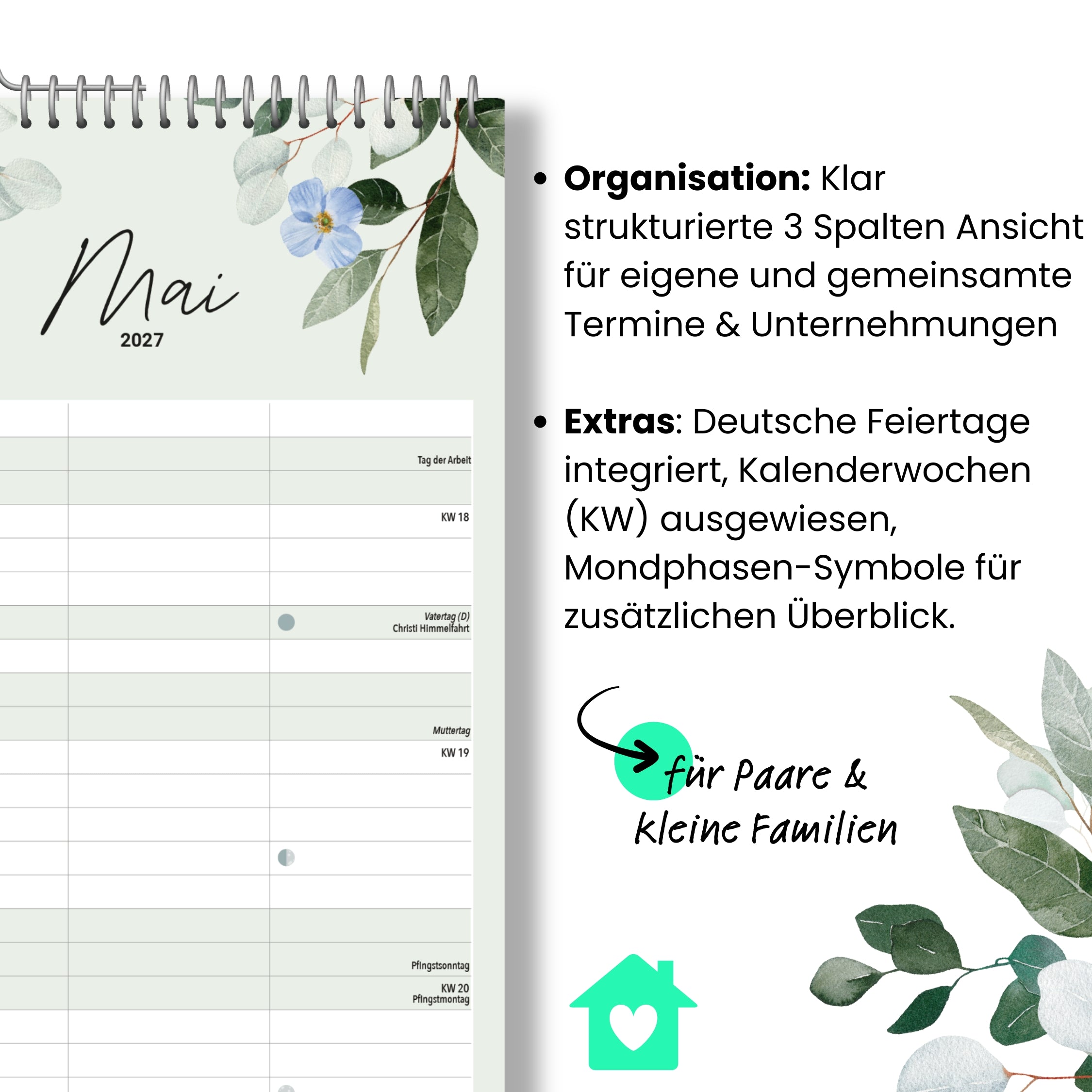 Paarplaner 3 Spalten 2027 Green, botanisch