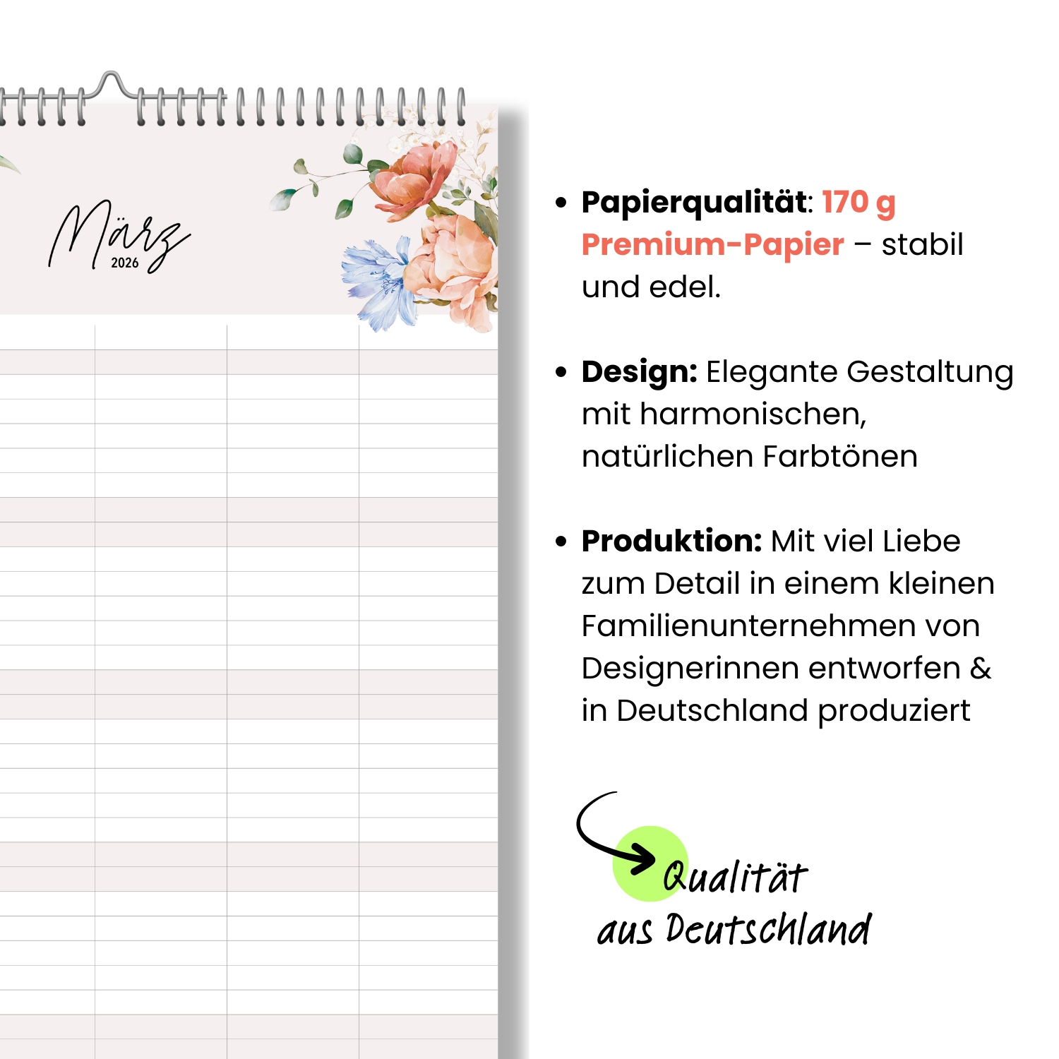A3 Familienplaner WILDFLOWER 5 Spalten 2026 blumig