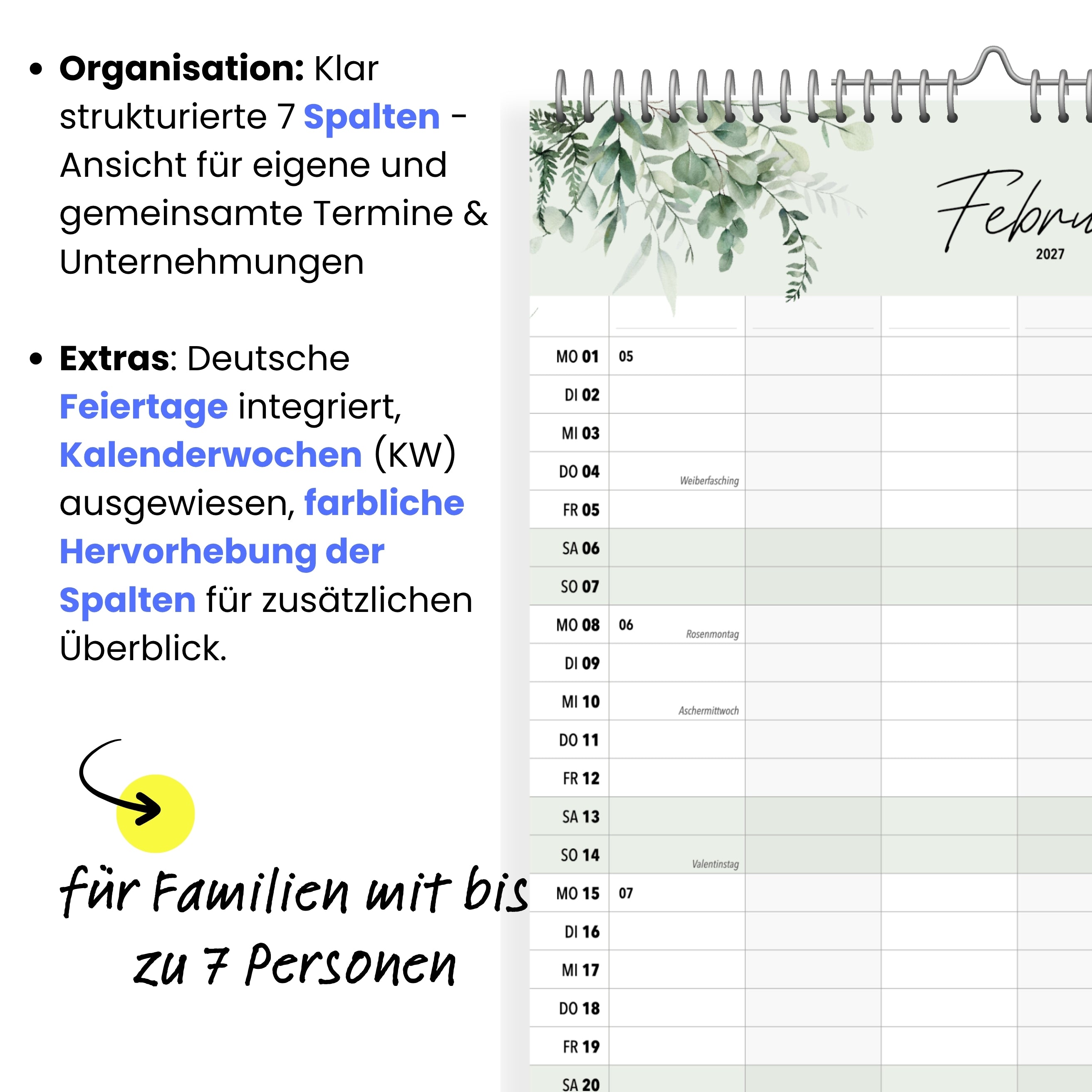 Familienkalender 7 Spalten XXL Green 2027 Botanisch