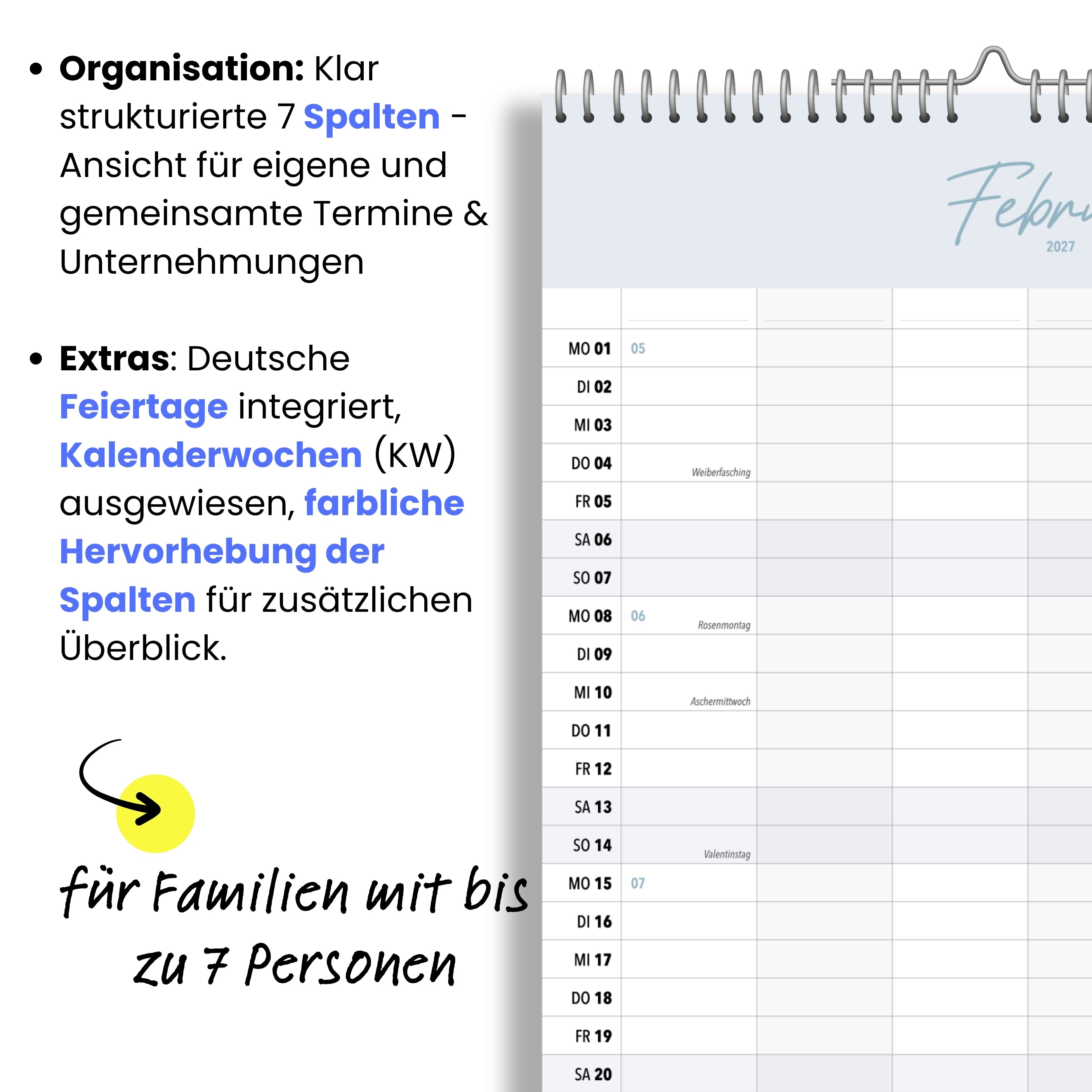 Familienkalender 7 Spalten XXL Cozy 2027 Minimalistisch