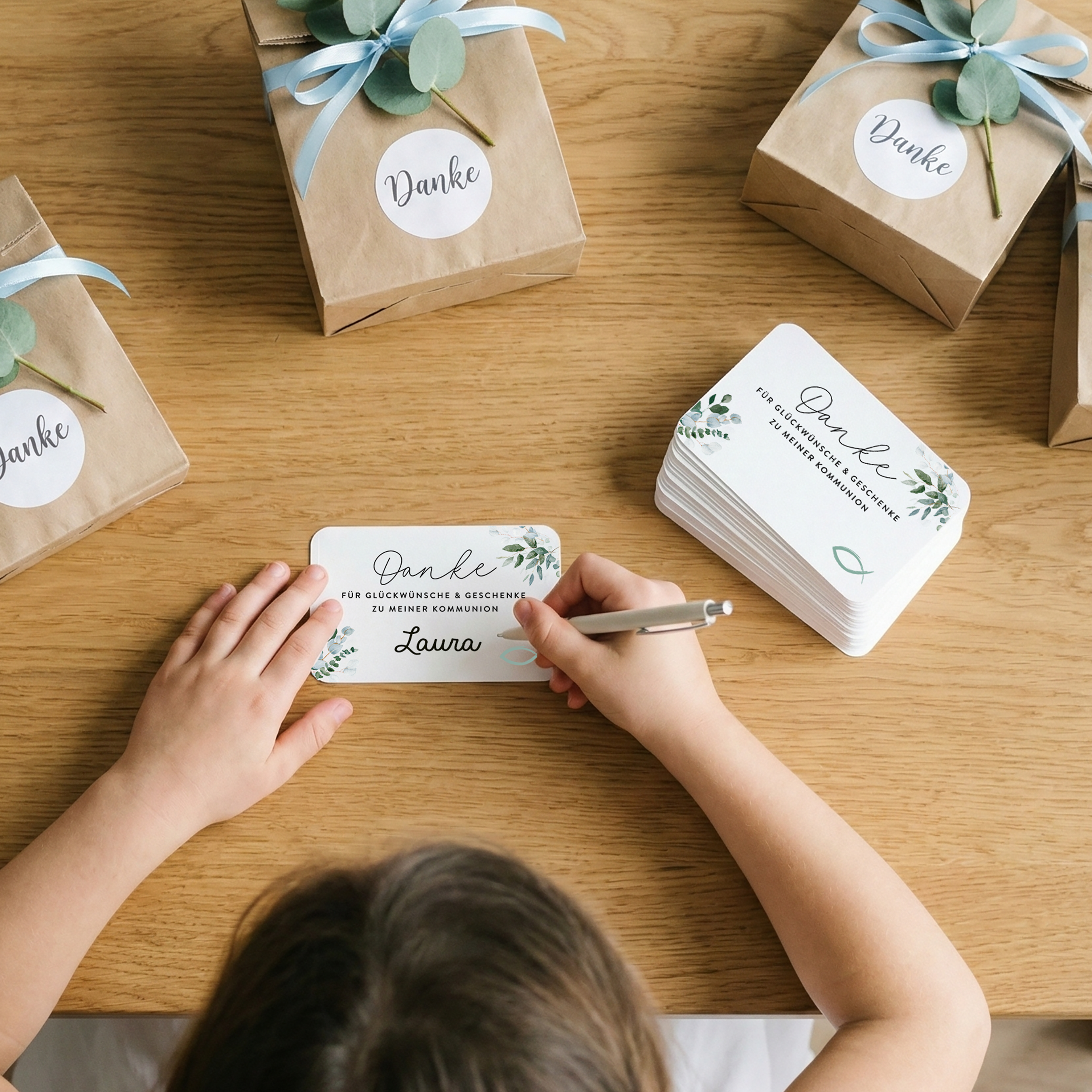 40 Mini Dankeskarten Kommunion – Eukalyptus, Erstkommunion Mädchen & Jungen, Beileger Gastgeschenk