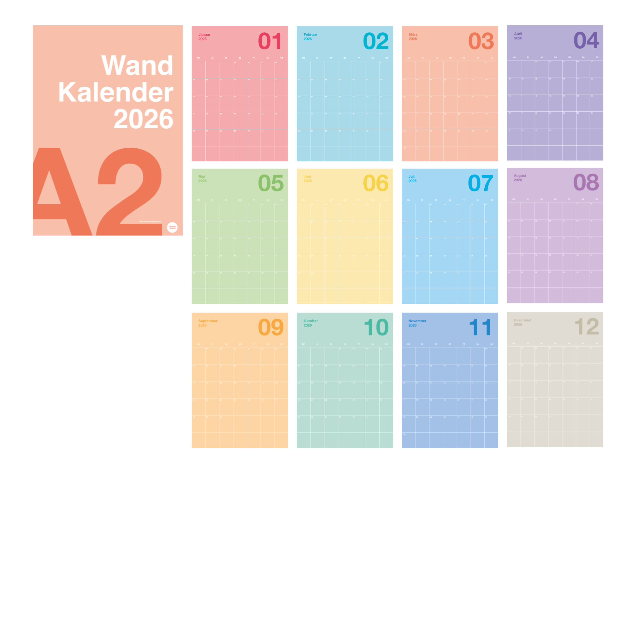A2 Bunter Design Wandkalender 2026 Pastell