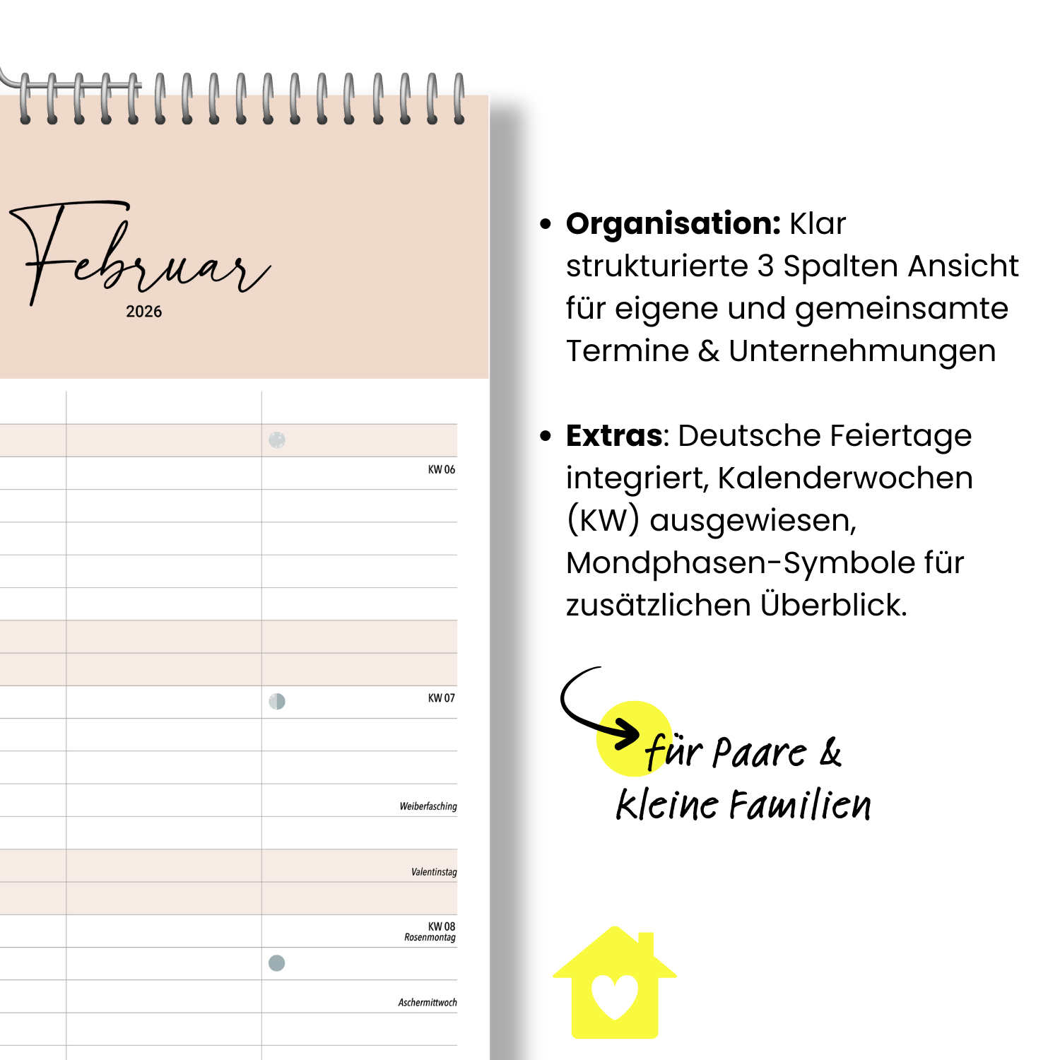 Paarplaner COZY 3 Spalten 2026 minimalistisch
