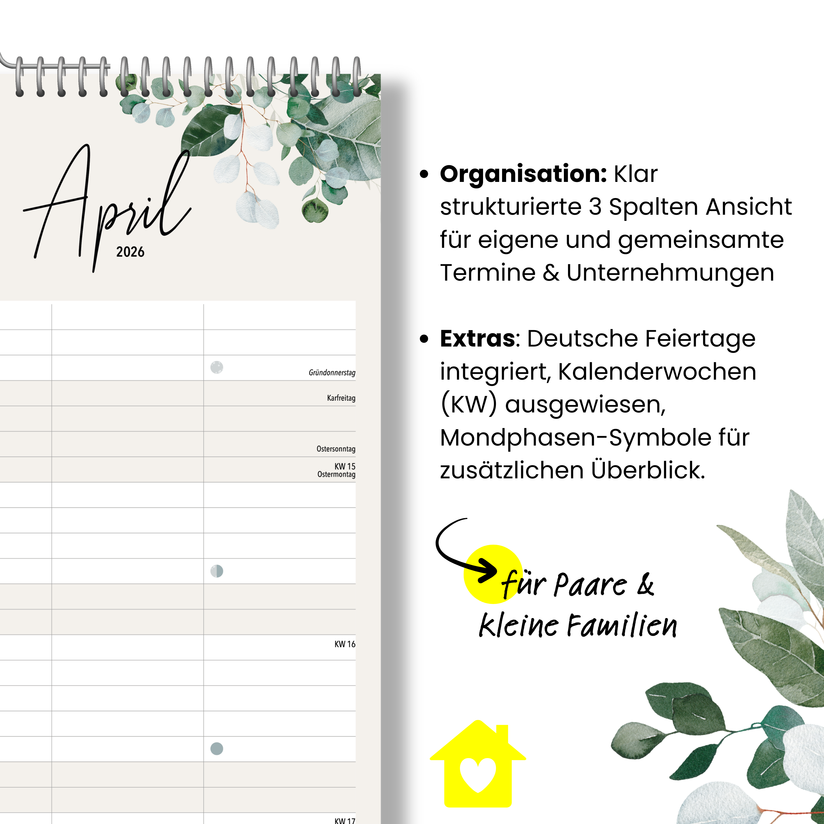 Paarplaner GREENERY 3 Spalten 2026 botanisch