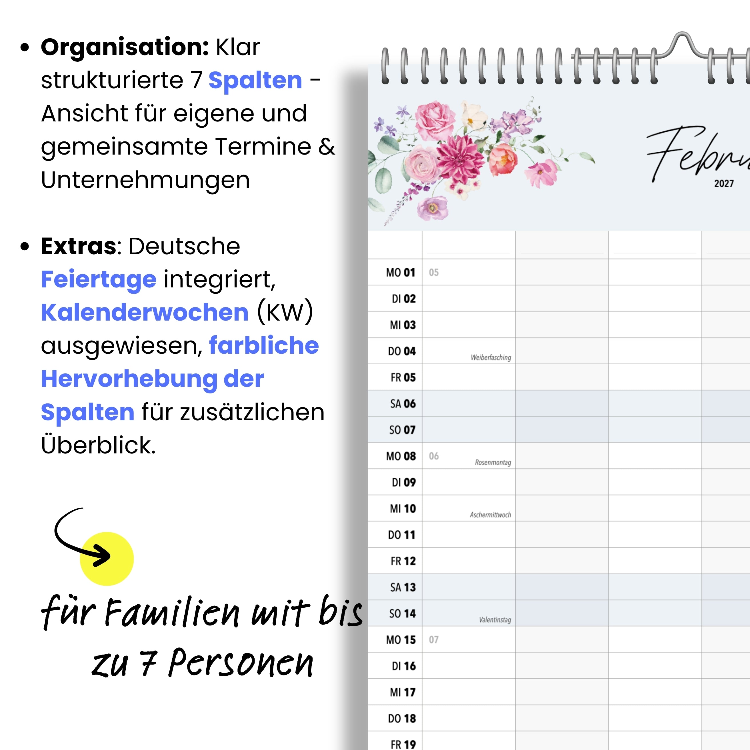 Familienkalender 7 Spalten XXL Wildblumen 2027 Blumen