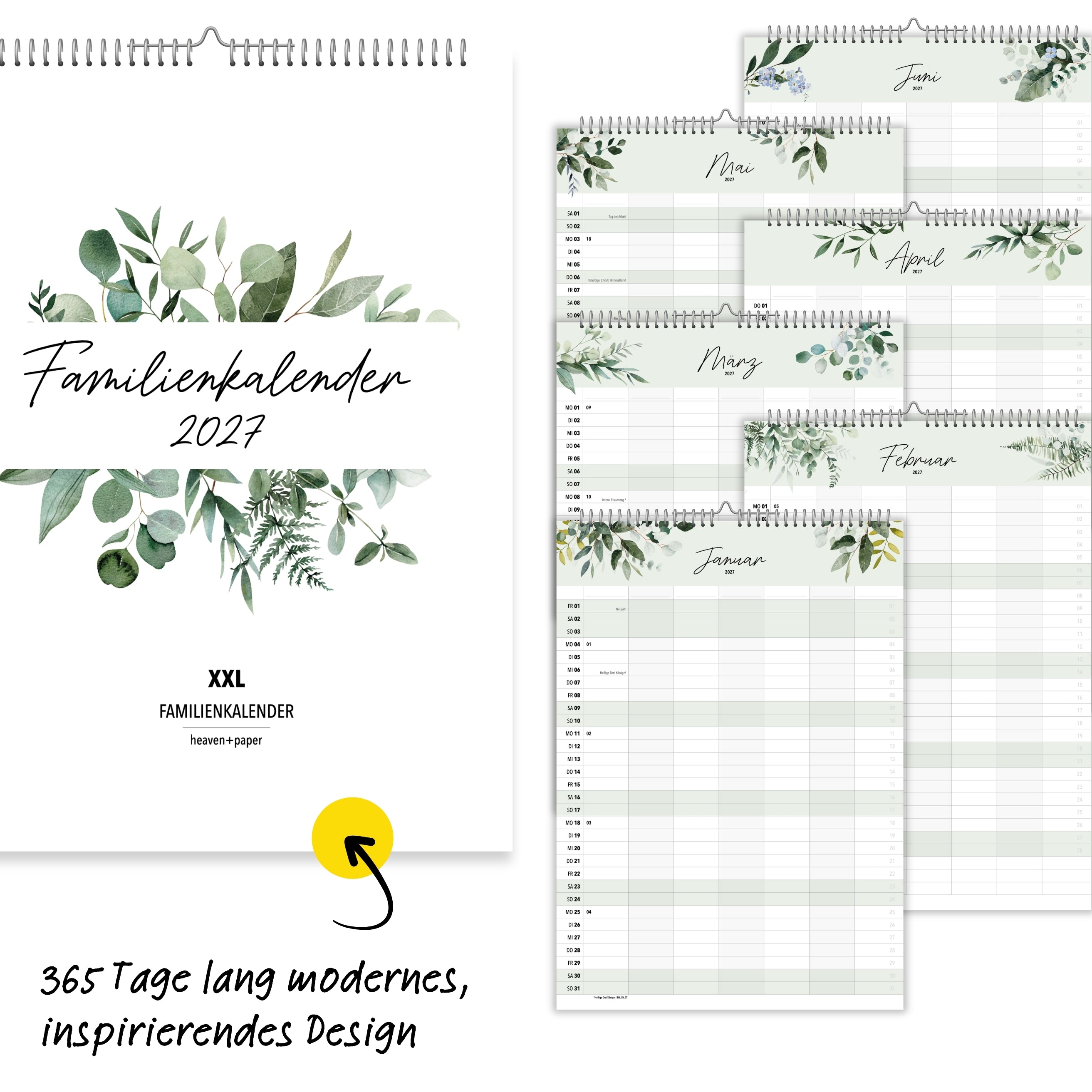 Familienkalender 7 Spalten XXL Green 2027 Botanisch