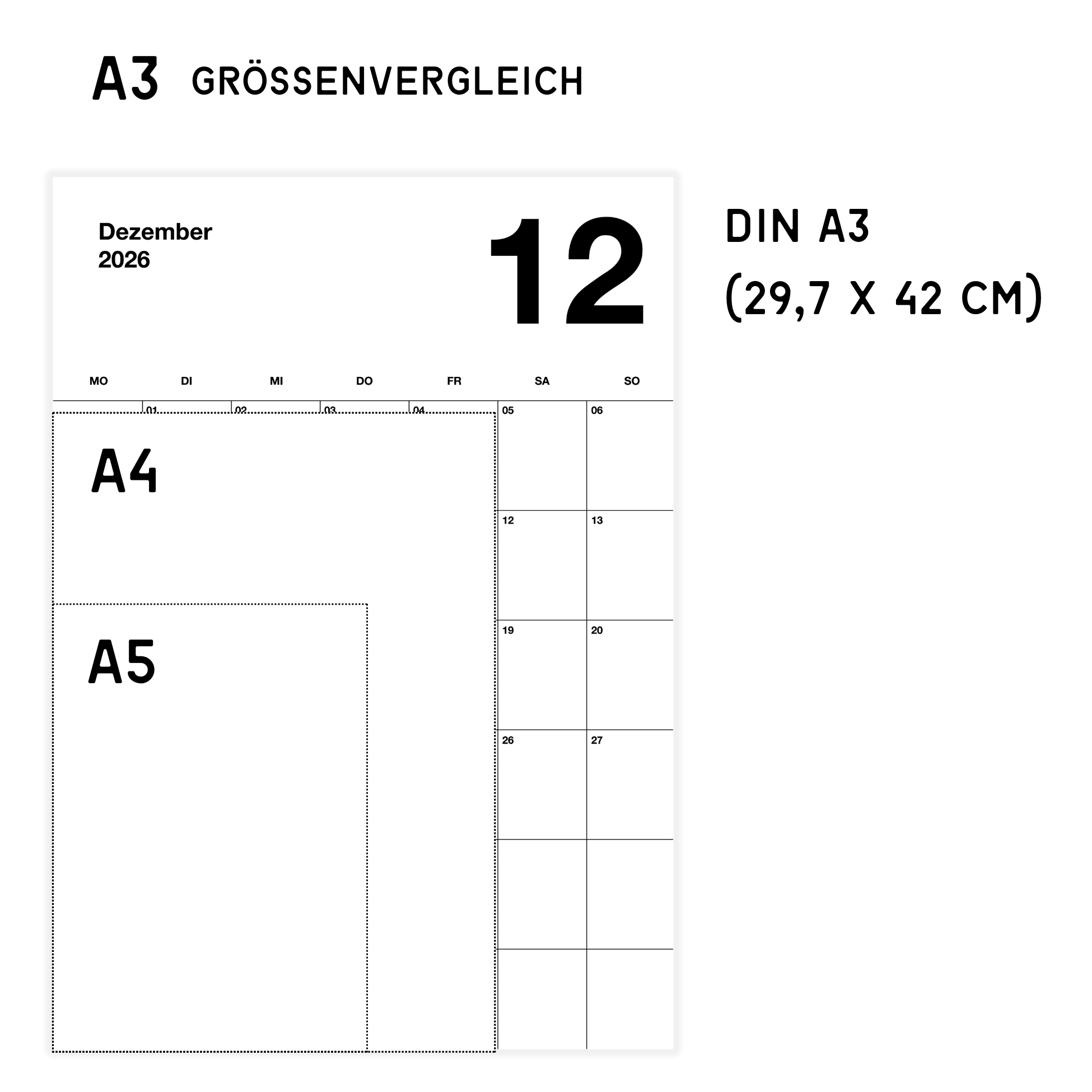 A3 Minimalistischer Design Wandkalender 2026 Black