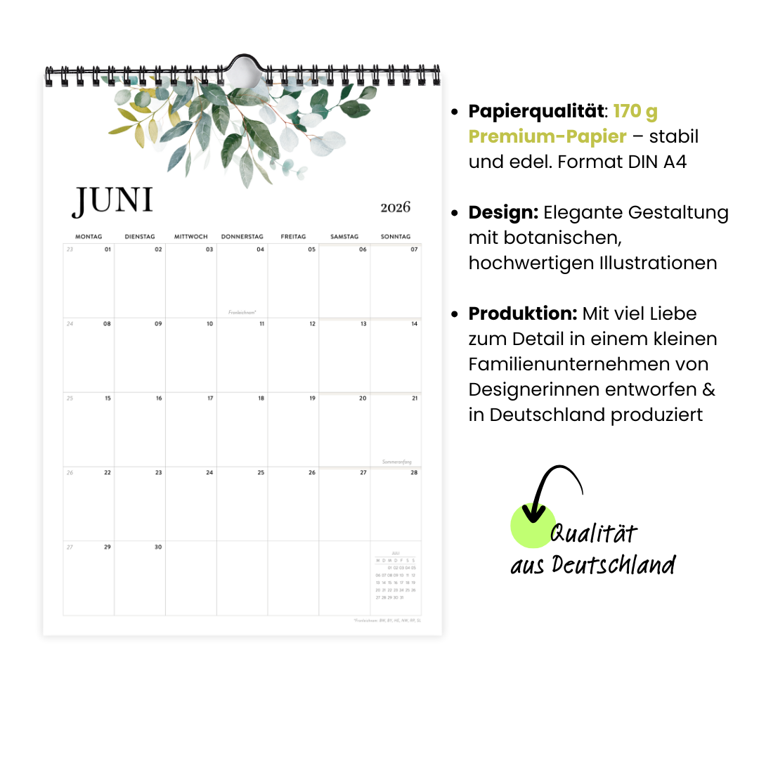 A4 Wandkalender 2026  Felder Hochformat