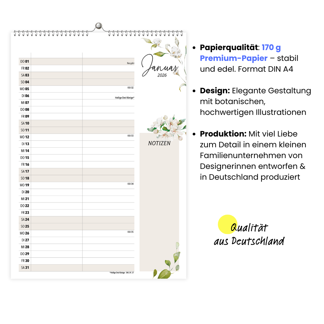 A4 Wandkalender 2 Spalten WILDFLOWER 2026