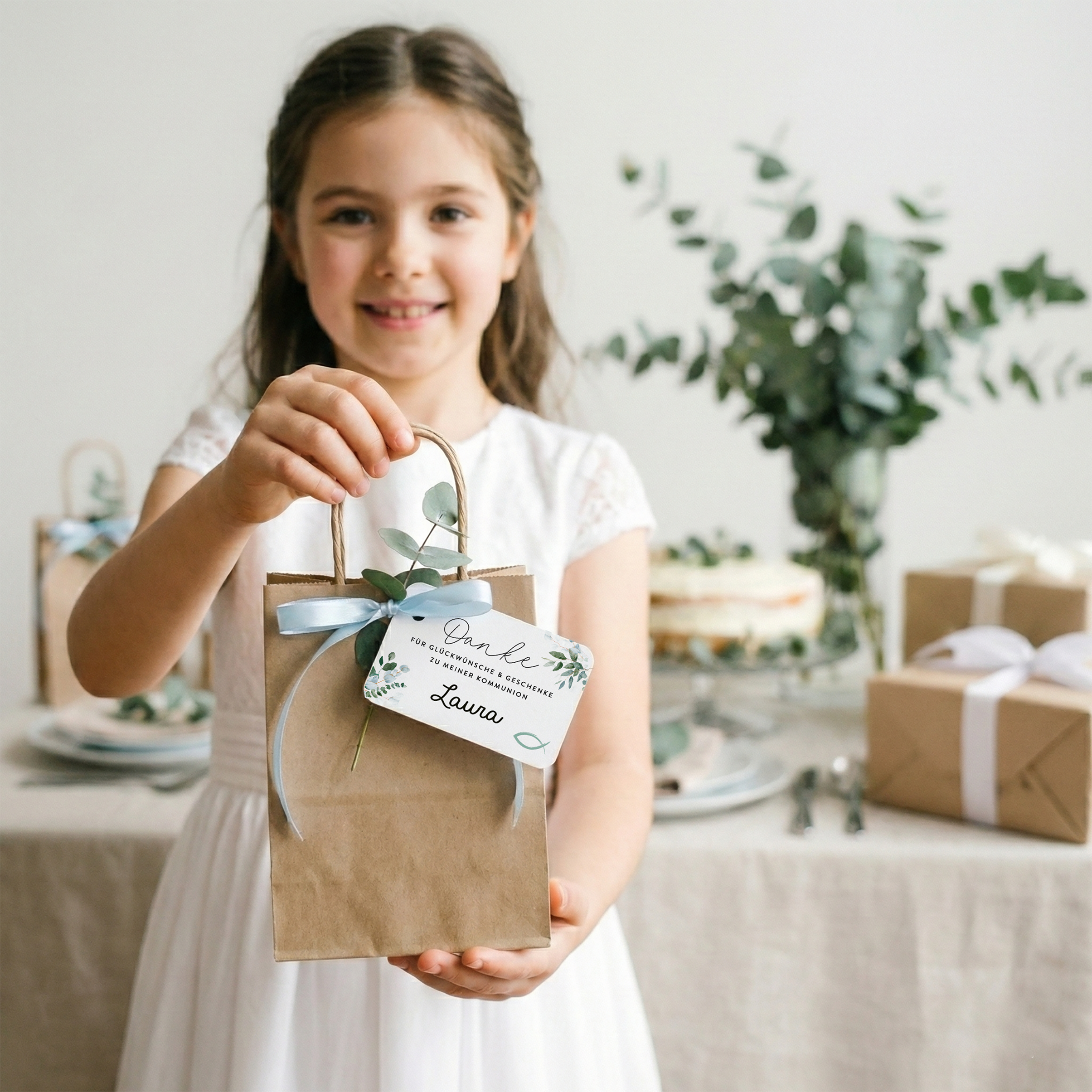 40 Mini Dankeskarten Kommunion – Eukalyptus, Erstkommunion Mädchen & Jungen, Beileger Gastgeschenk