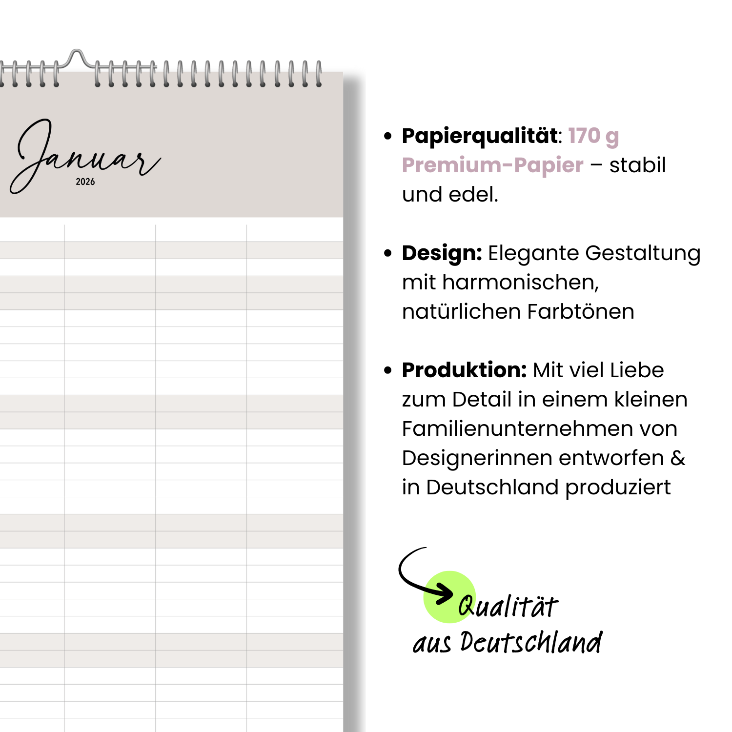A3 Familienplaner COZY 5 Spalten 2026 minimalistisch