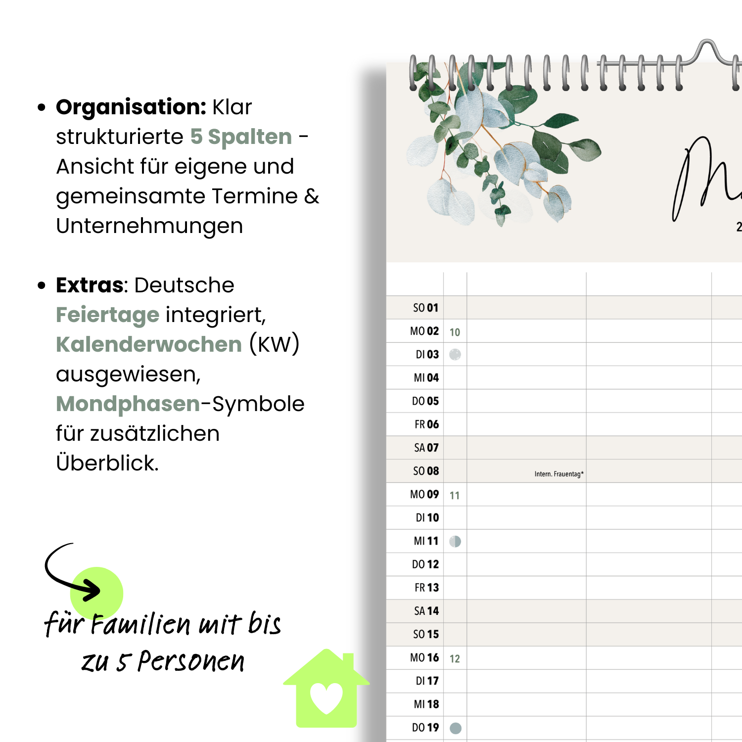 A3 Familienplaner GREENERY 5 Spalten 2026 botanisch