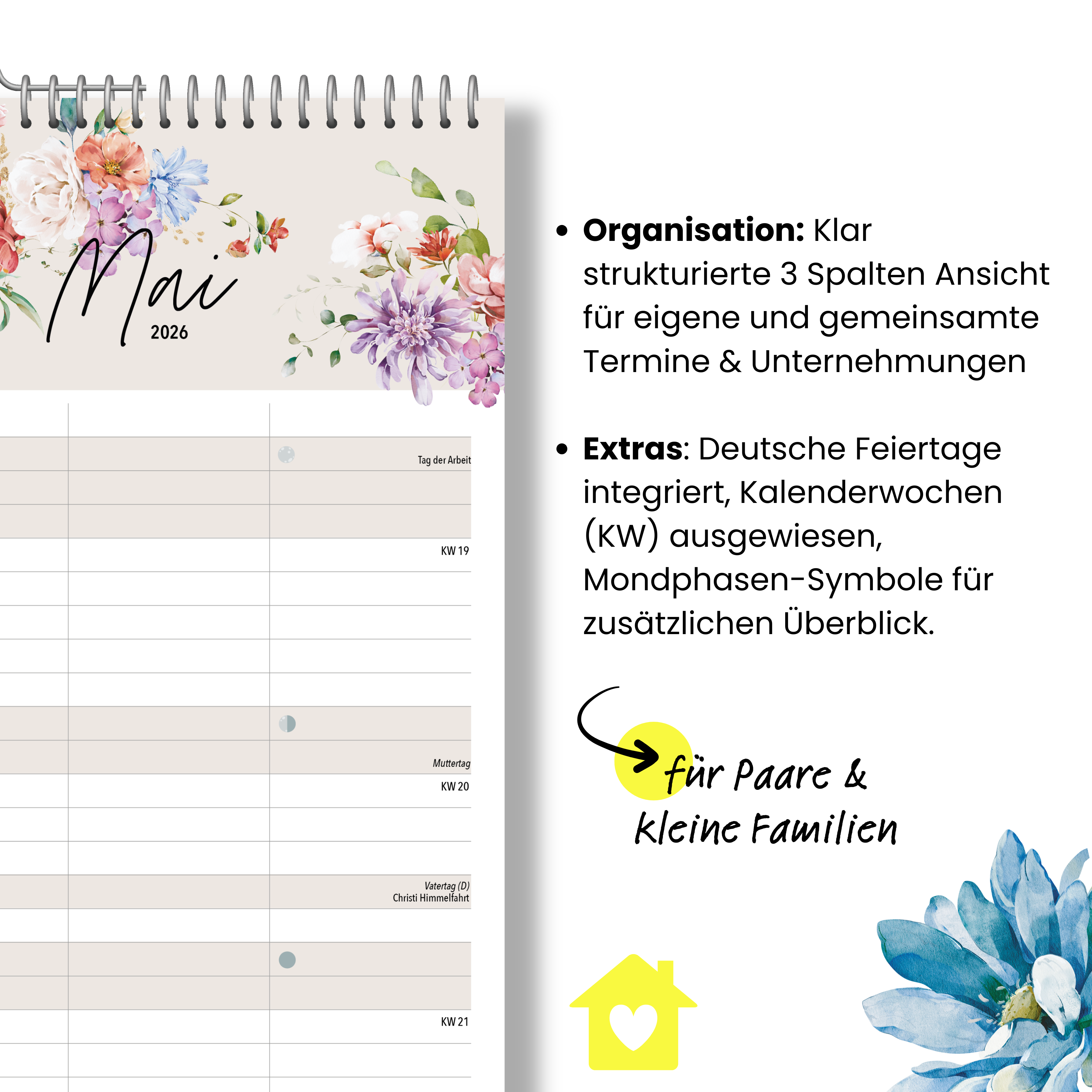 Paarplaner WILDFLOWER 3 Spalten 2026 blumig