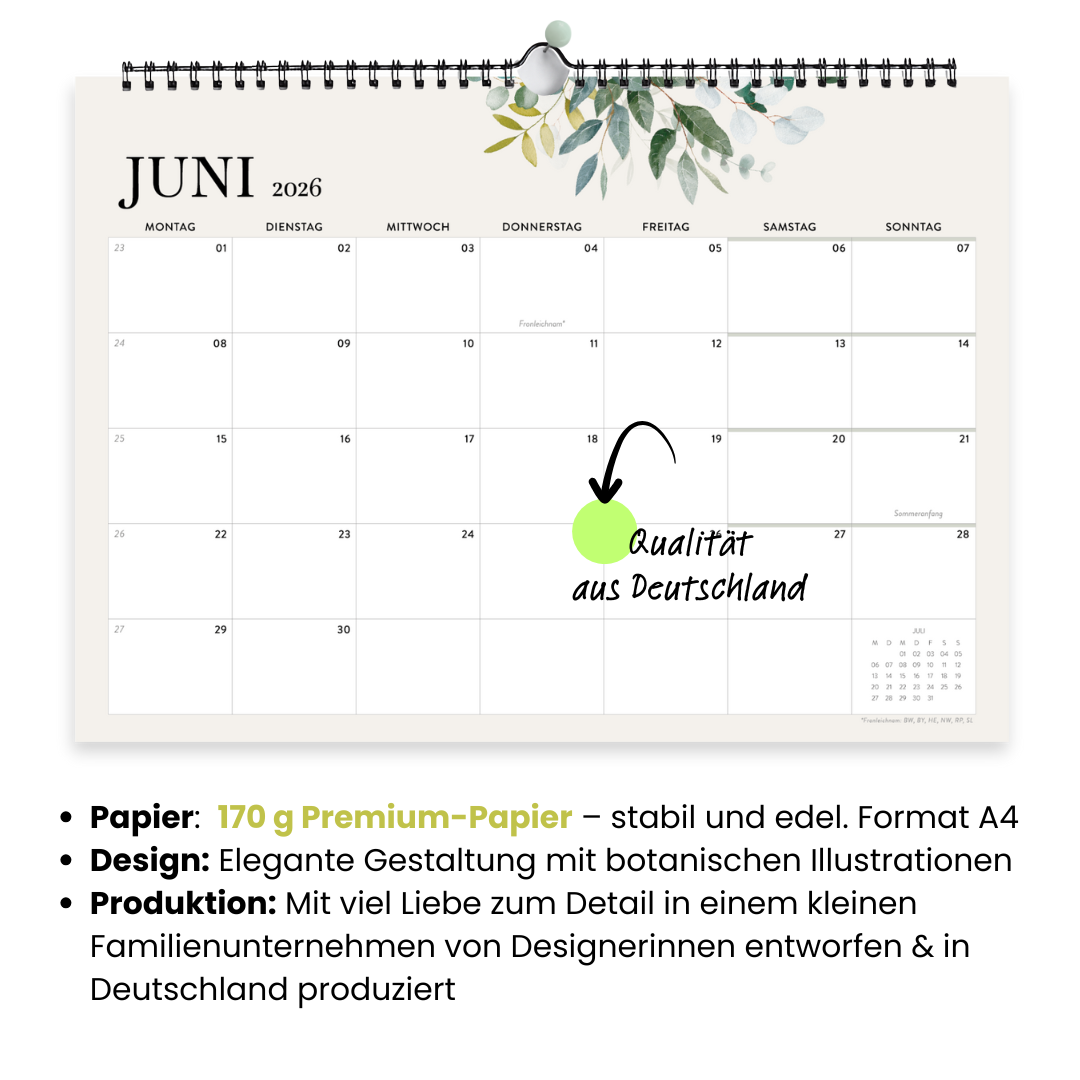 A4 Wandkalender 2026  Felder Querformat