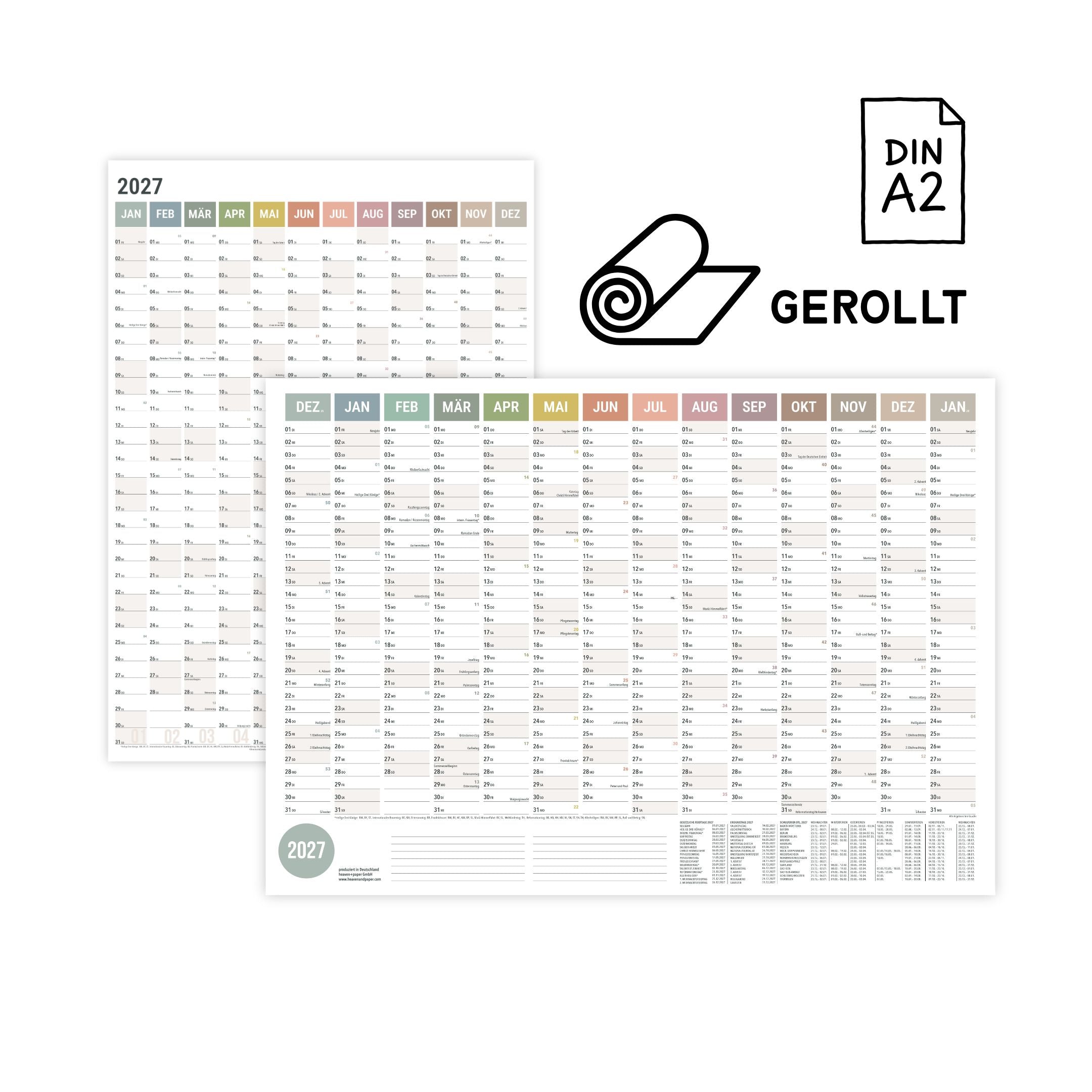 A2 Wandplaner 2027 gerollt Natural Querformat/Hochformat