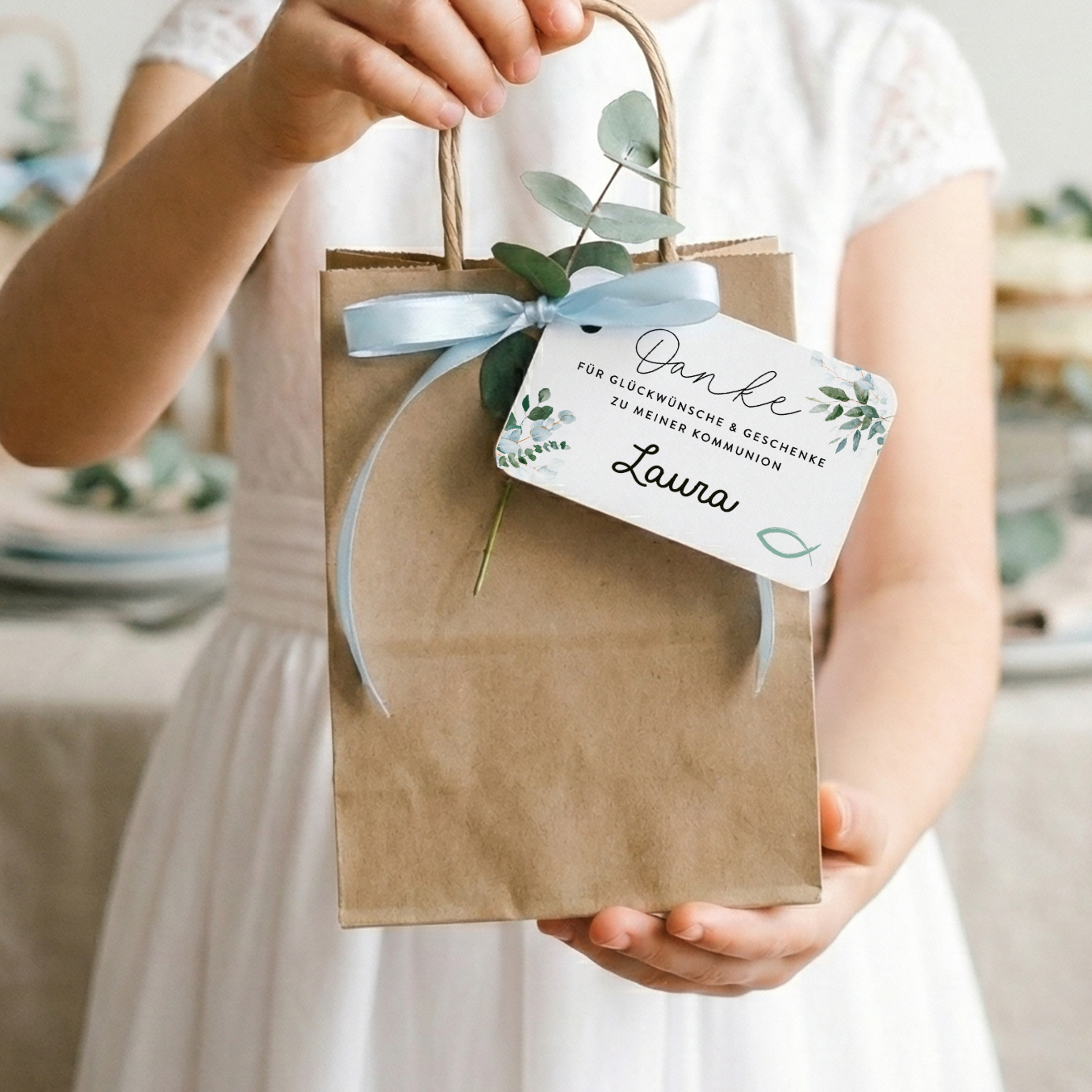 40 Mini Dankeskarten Kommunion – Eukalyptus, Erstkommunion Mädchen & Jungen, Beileger Gastgeschenk