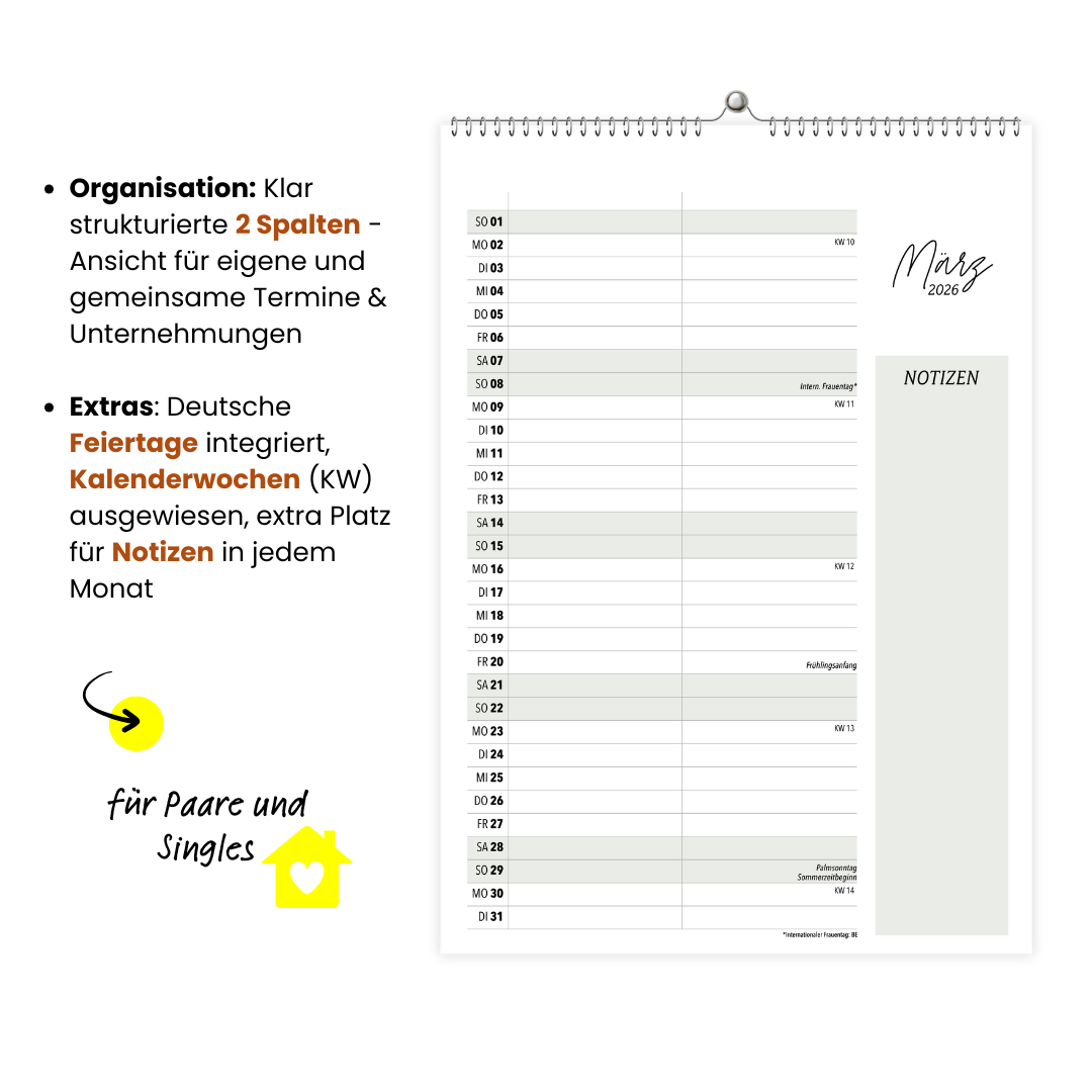 A4 Wandkalender 2 Spalten COZY 2026