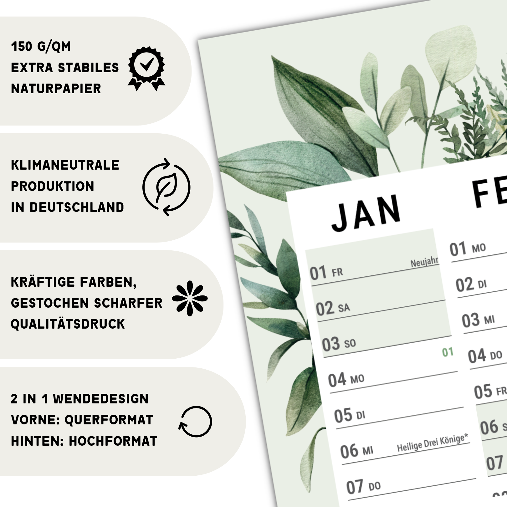 A1 Wandplaner 2027 Green – Nahaufnahme Naturpapier 150 g/qm
