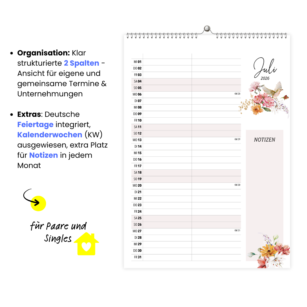 A4 Wandkalender 2 Spalten WILDFLOWER 2026