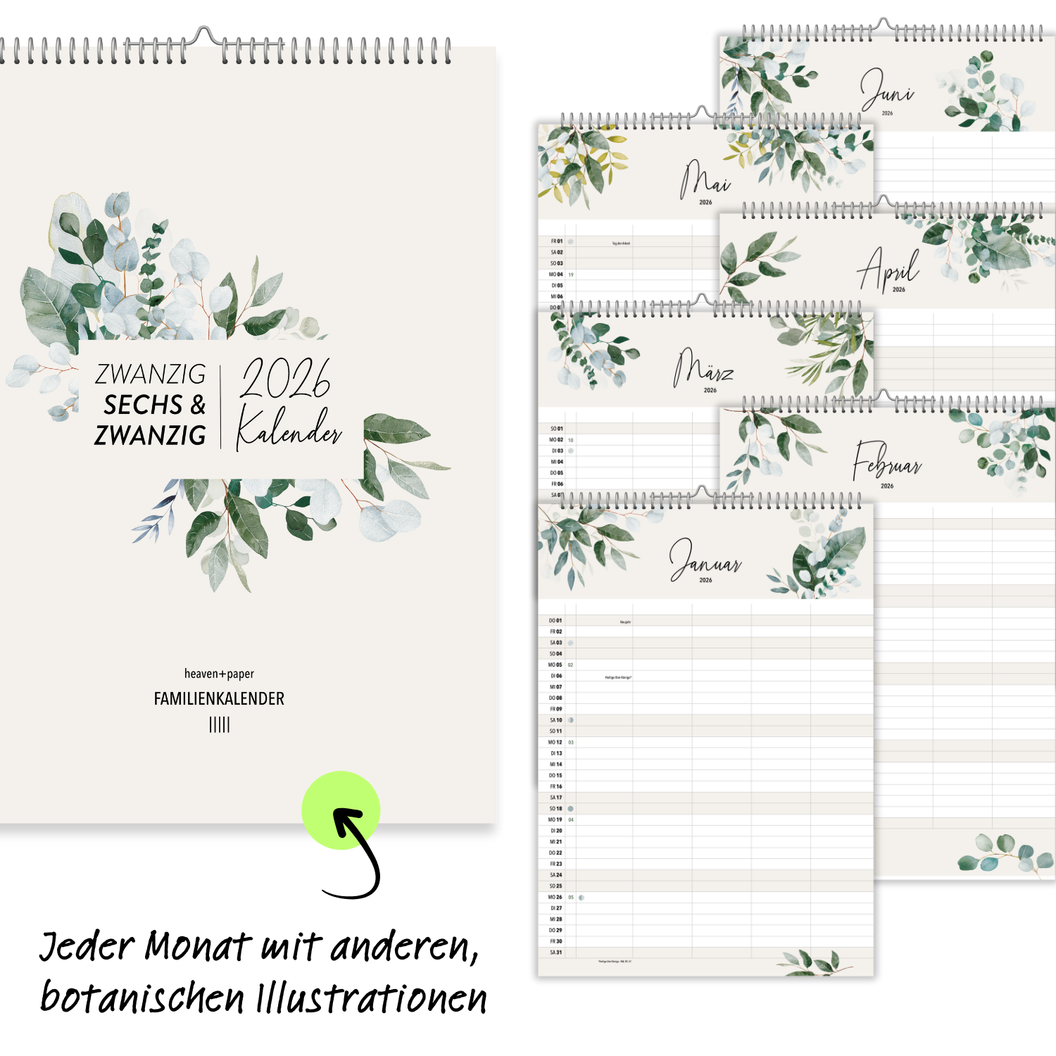 A3 Familienplaner GREENERY 5 Spalten 2026 botanisch
