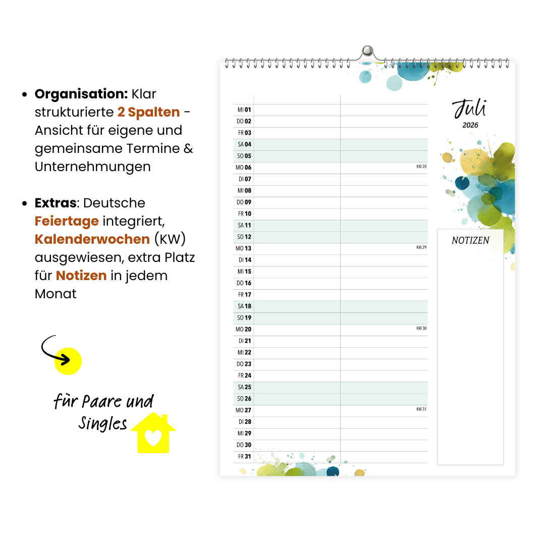 A4 Wandkalender 2 Spalten SPLASH 2026