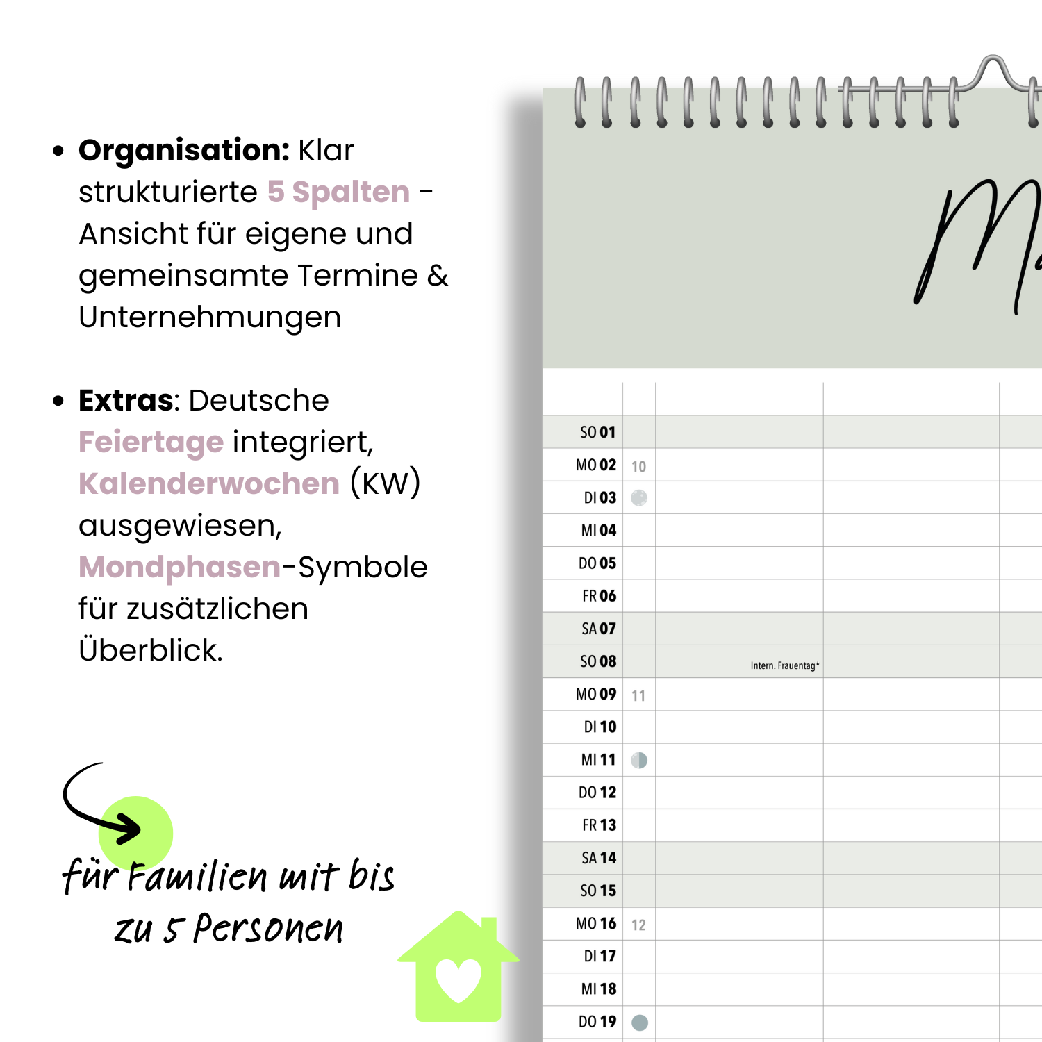 A3 Familienplaner COZY 5 Spalten 2026 minimalistisch