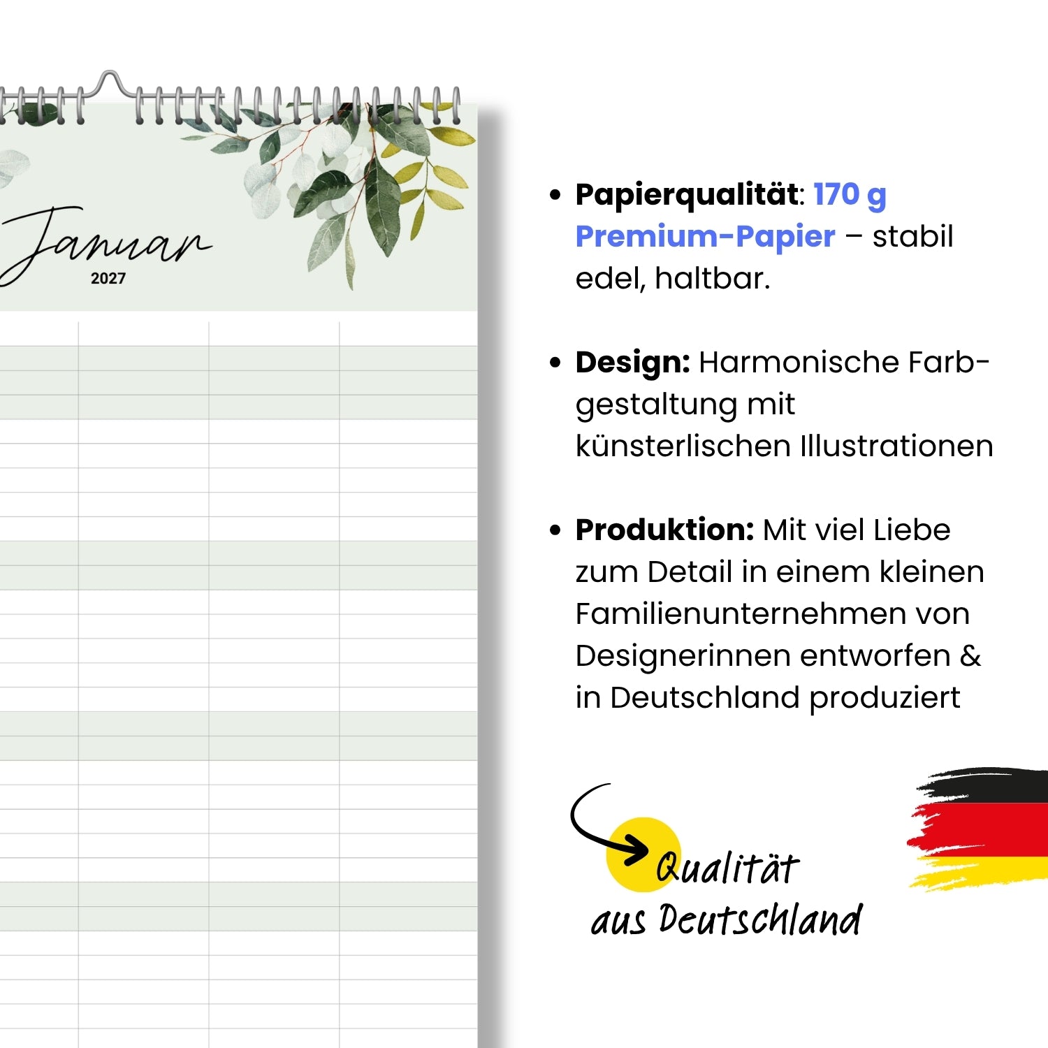 A3 Familienplaner 5 Spalten Green, 2027 botanisch