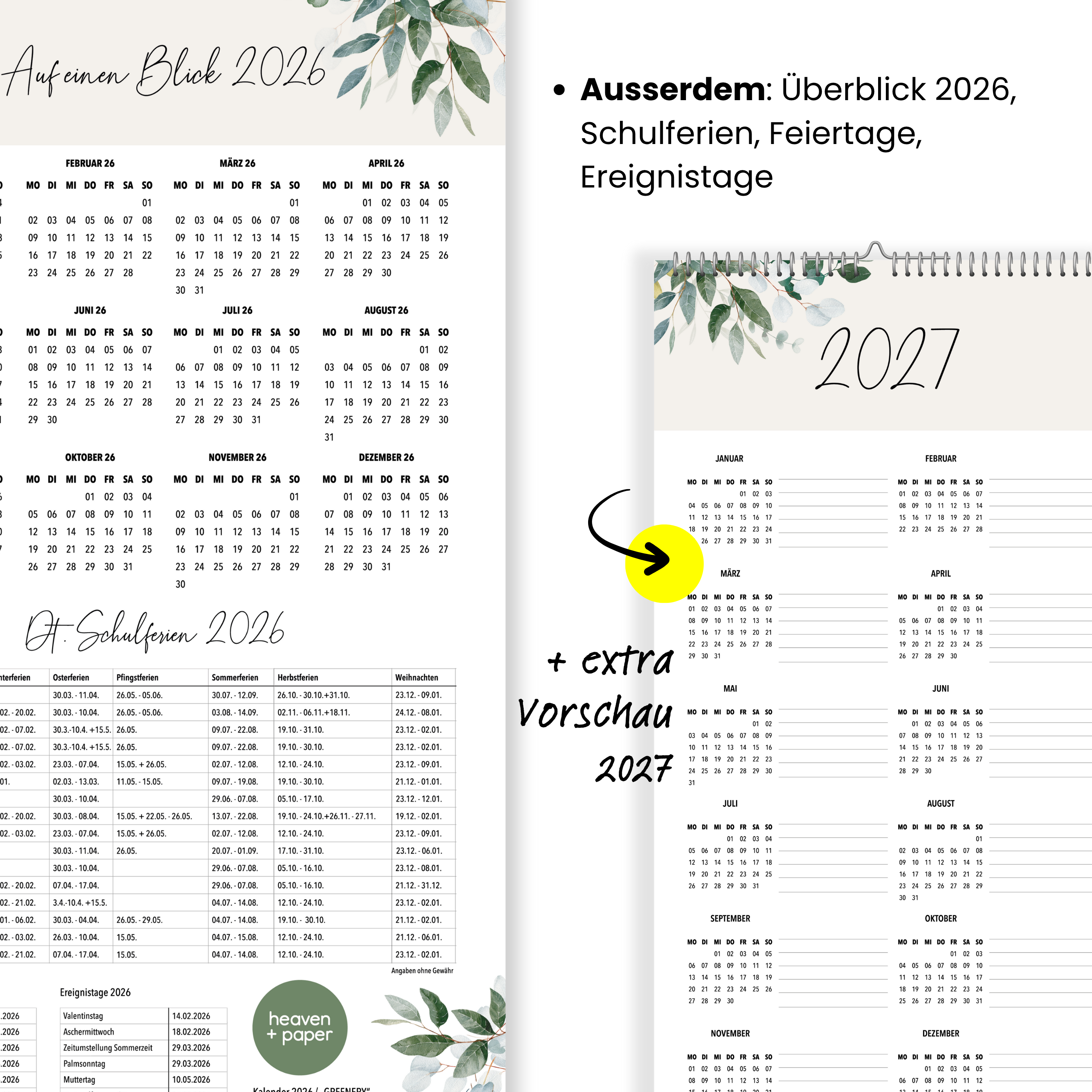 Paarplaner GREENERY 3 Spalten 2026 botanisch