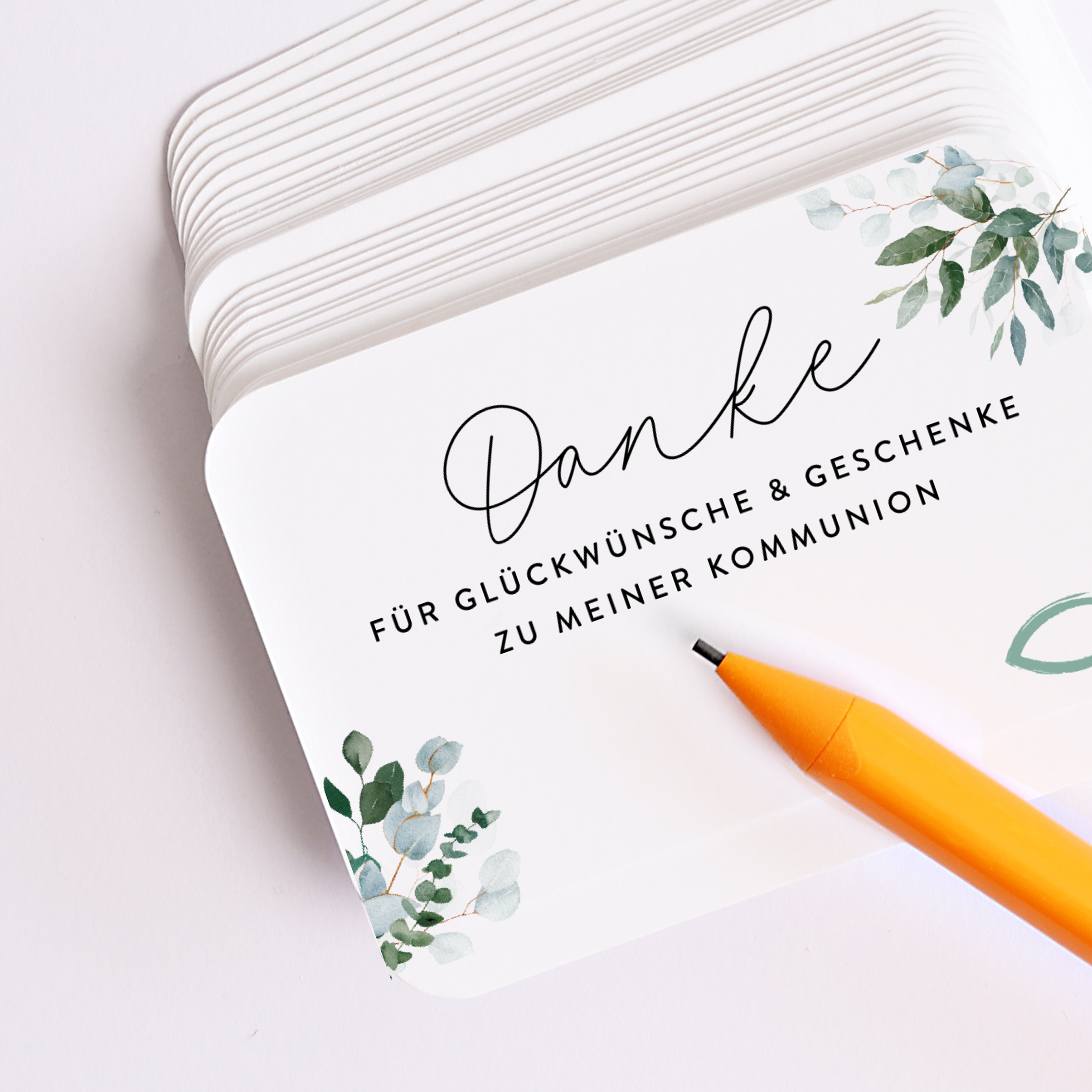 40 Mini Dankeskarten Kommunion – Eukalyptus, Erstkommunion Mädchen & Jungen, Beileger Gastgeschenk