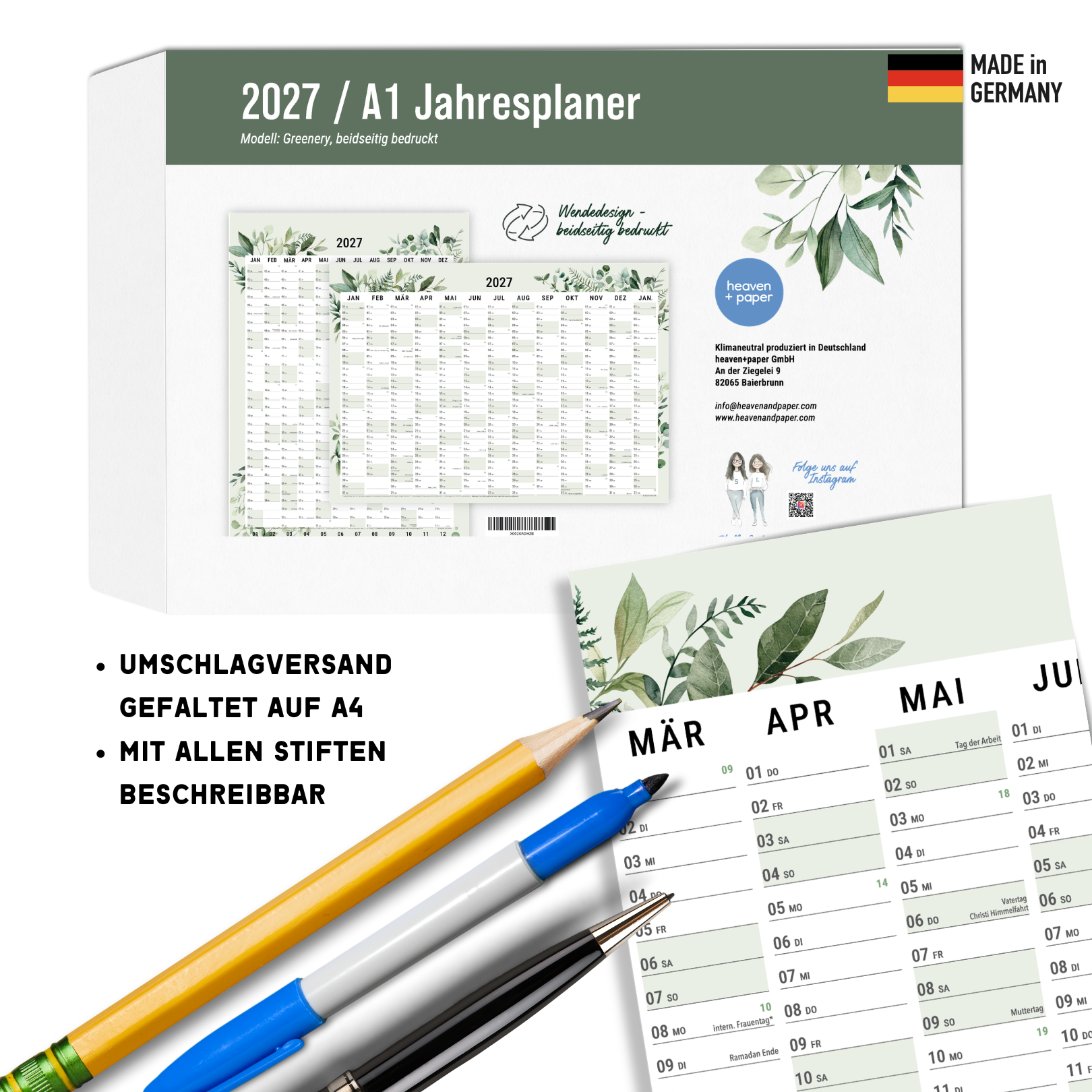 A1 Jahresplaner 2027 Green – Verpackung mit Produktinfos