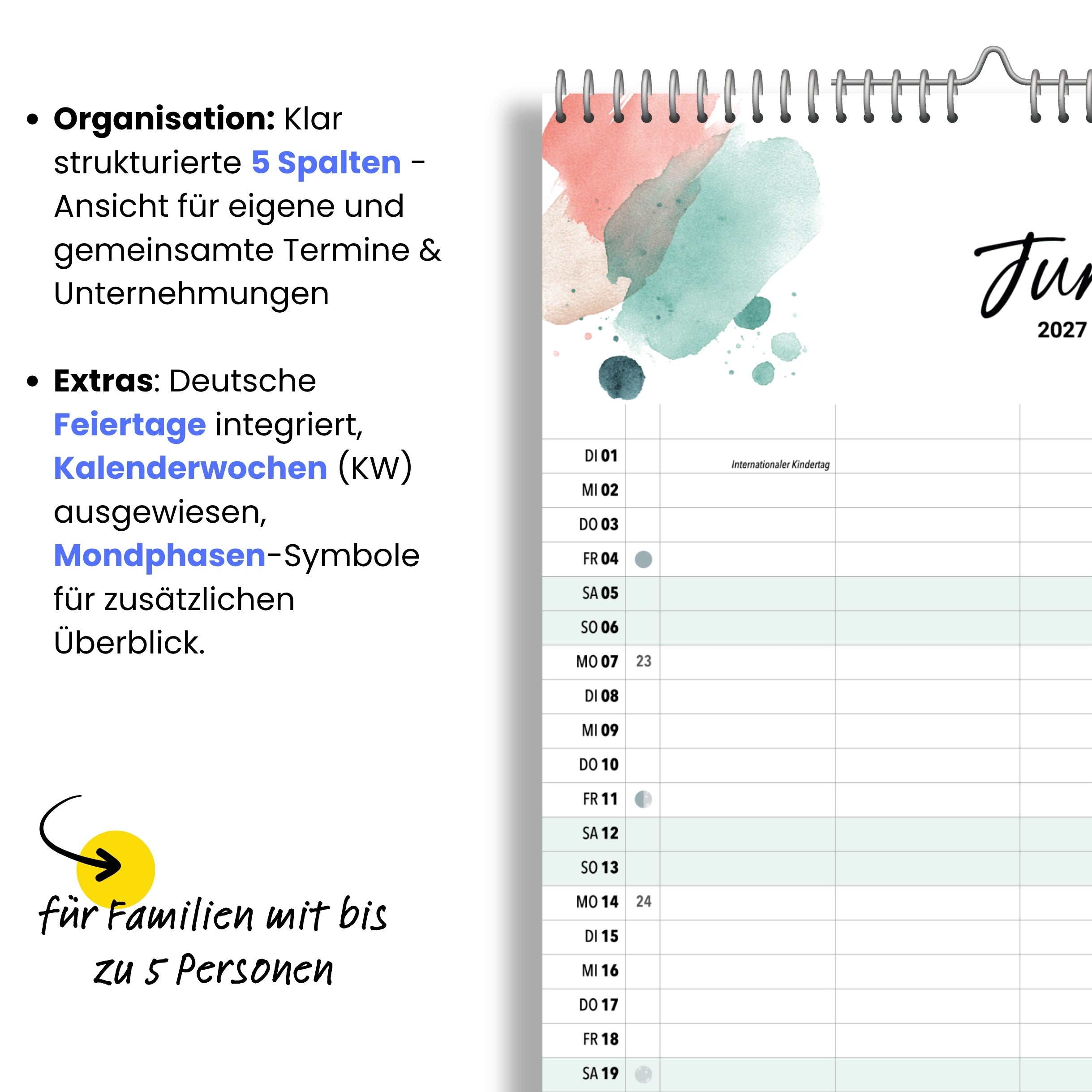 A3 Familienplaner Splash 5 Spalten 2027 Kunstkalender