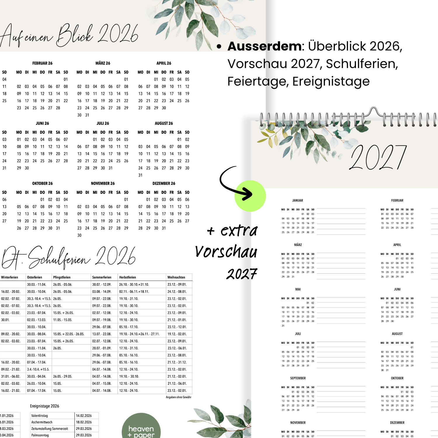 A3 Familienplaner GREENERY 5 Spalten 2026 botanisch