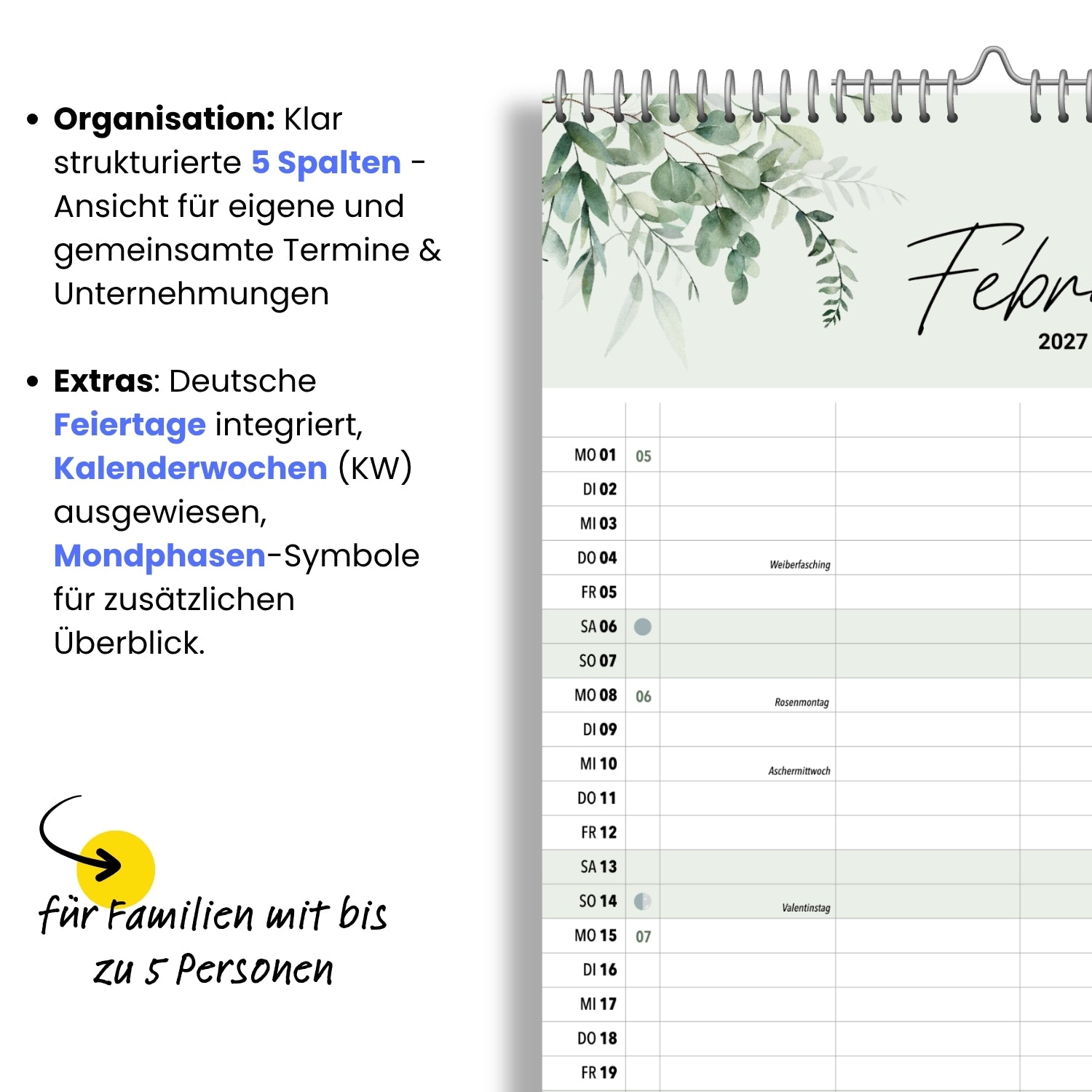 A3 Familienplaner 5 Spalten Green, 2027 botanisch