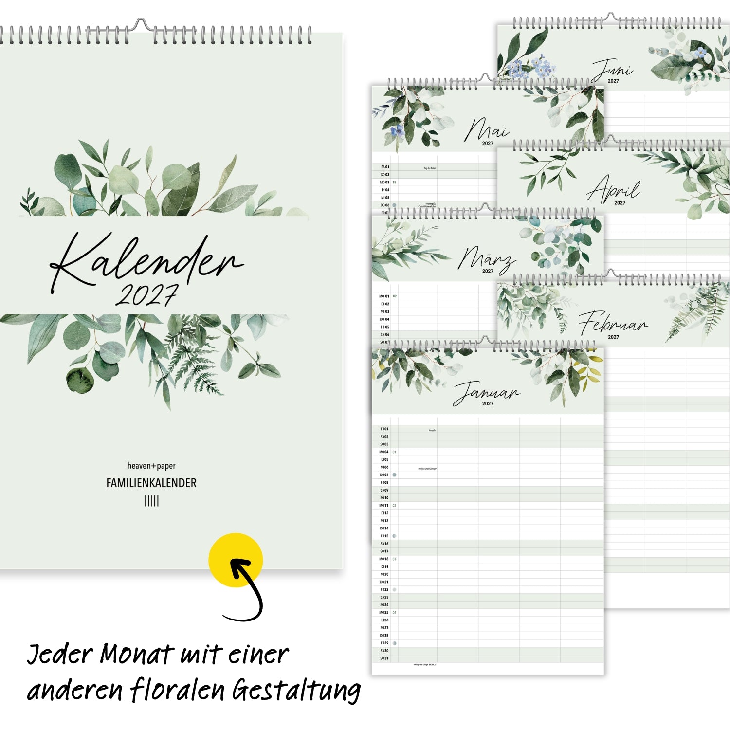 A3 Familienplaner 5 Spalten Green, 2027 botanisch