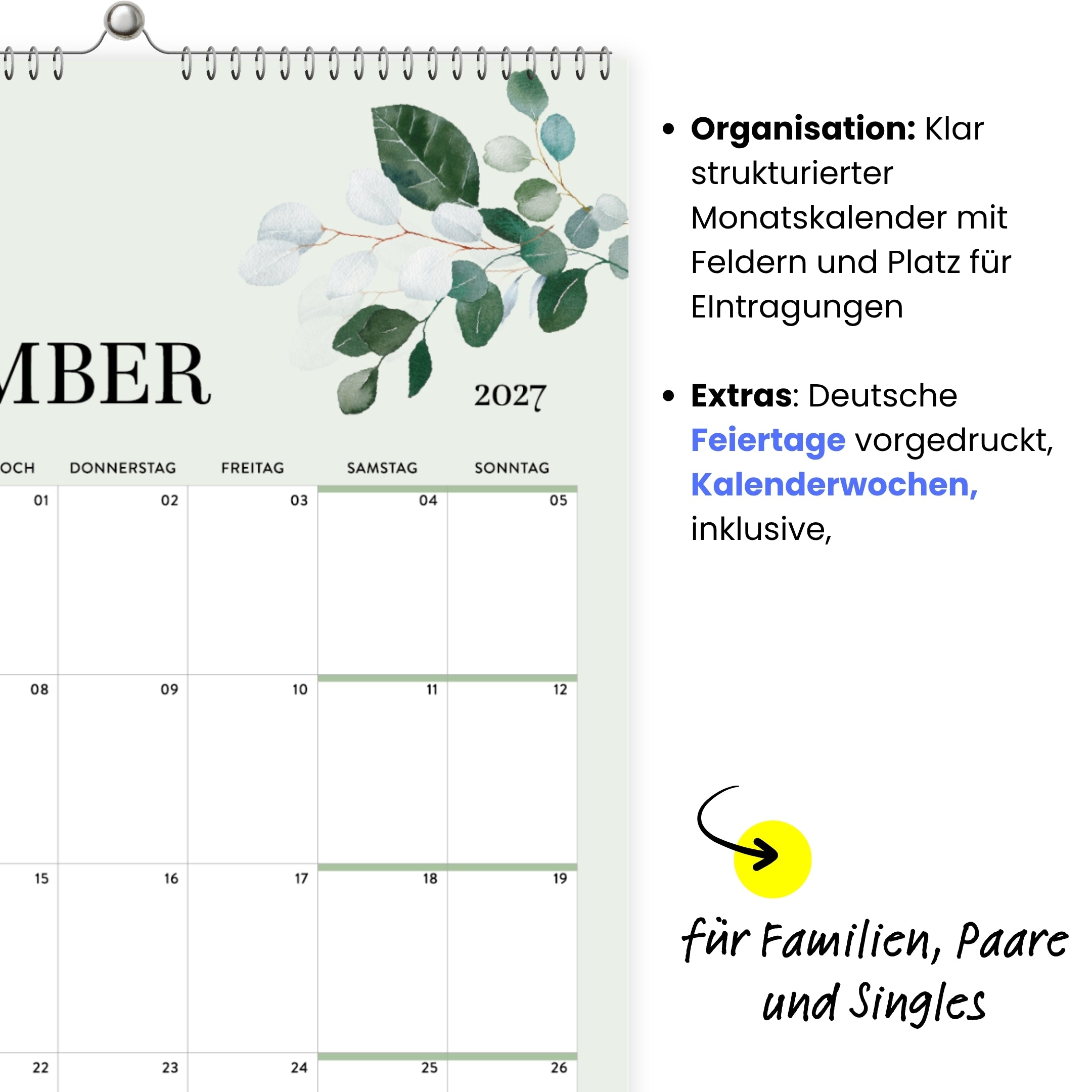A4 Wandkalender 2027 Eukalyptus Hochformat