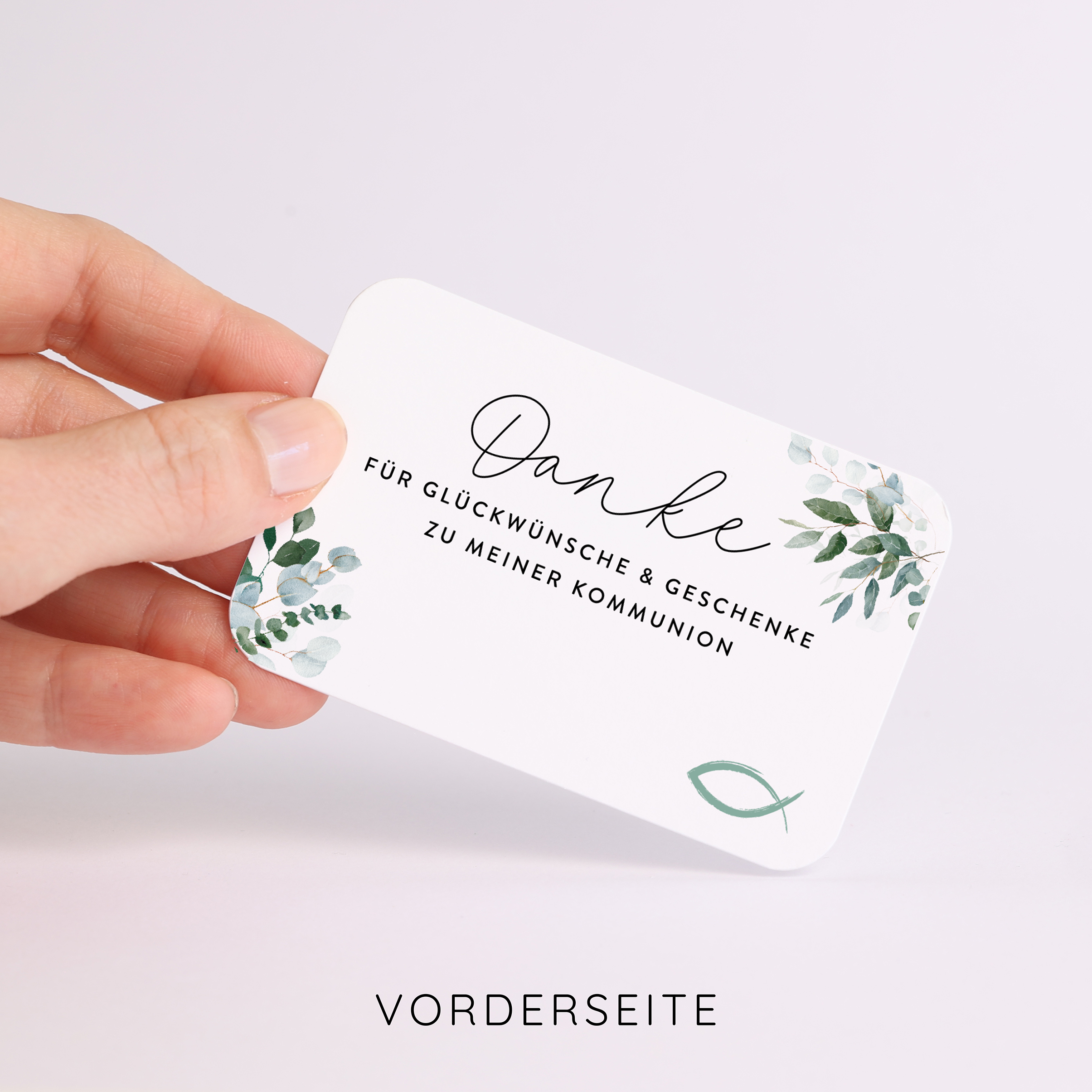 40 Mini Dankeskarten Kommunion – Eukalyptus, Erstkommunion Mädchen & Jungen, Beileger Gastgeschenk