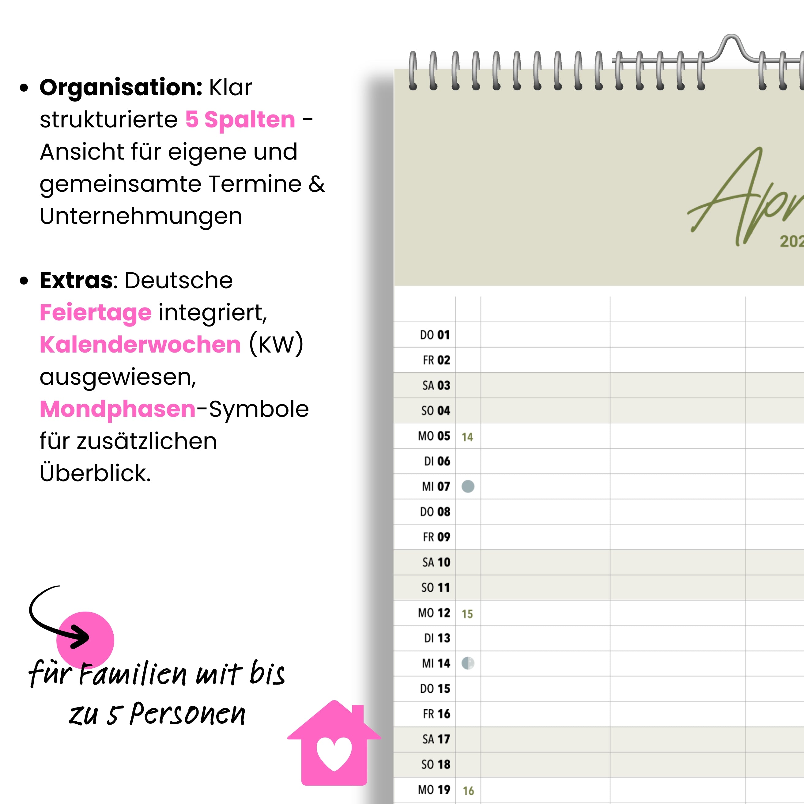 A3 Familienplaner Cozy 5 Spalten 2027 minimalistisch
