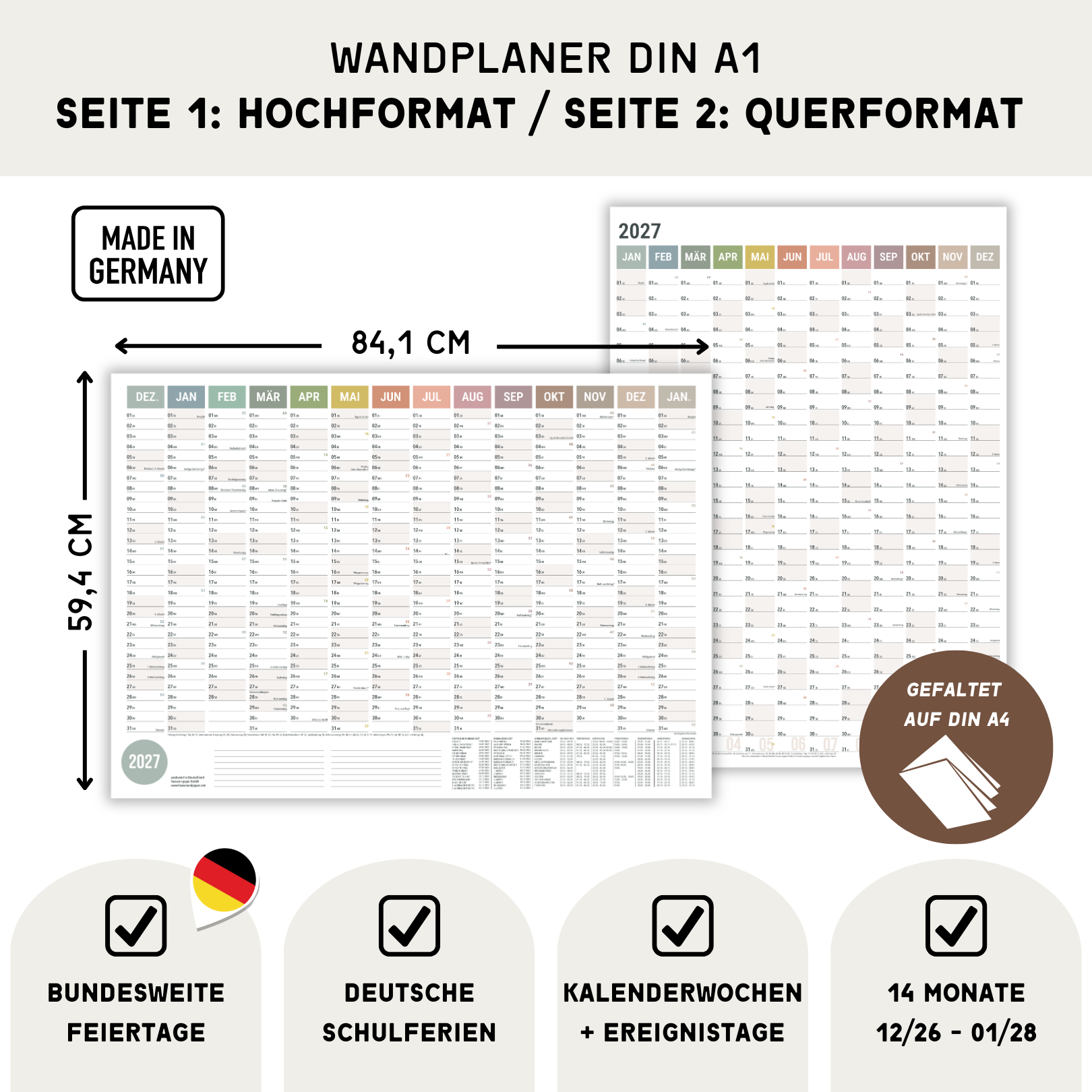 A1 Wandplaner 2027 Natural – Maße und Produktmerkmale
