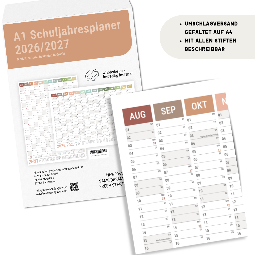 Schuljahresplaner 2026/2027 A1 Natural – Nachhaltiger Wandkalender