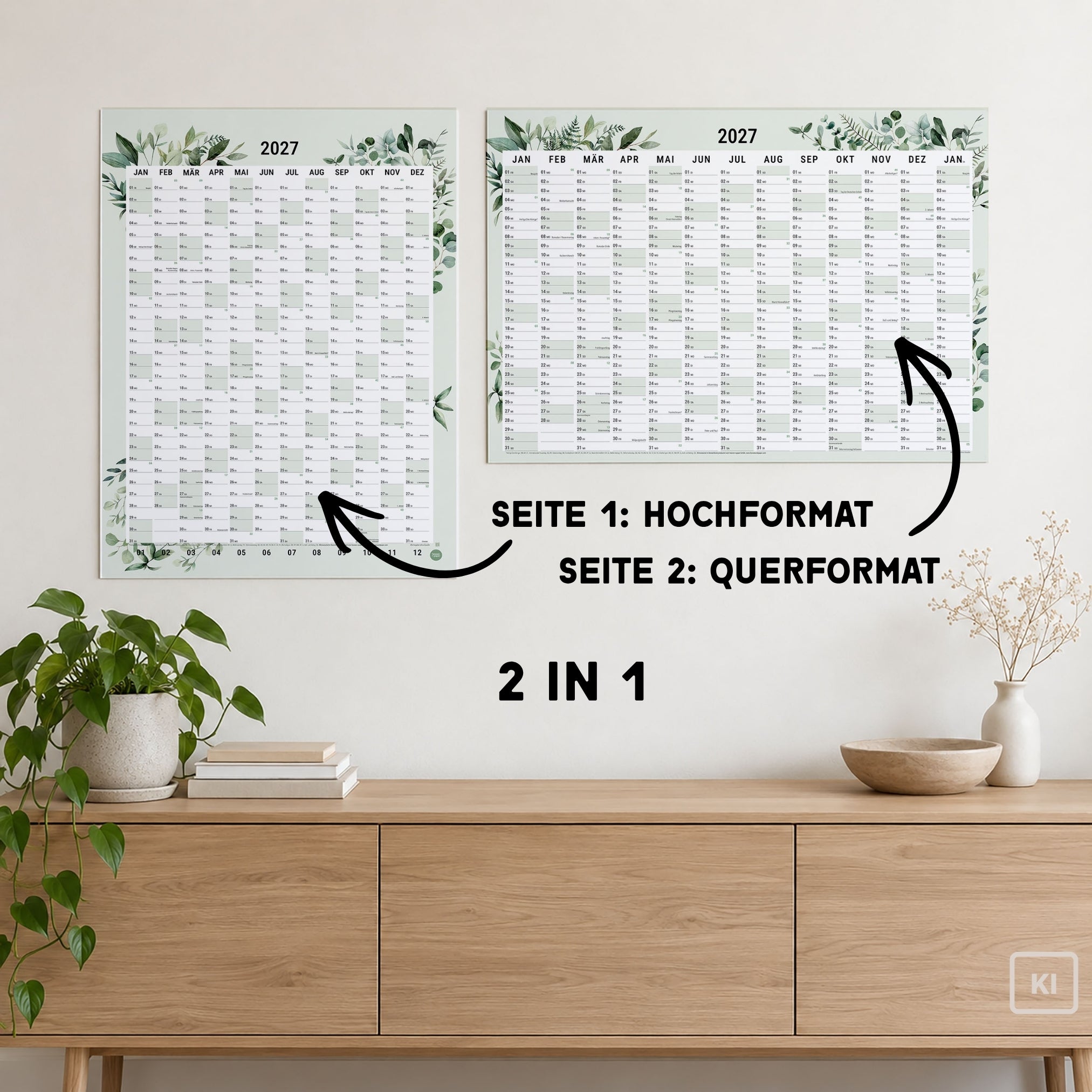 A2 Wandplaner 2027 Green gefaltet Querformat/Hochformat