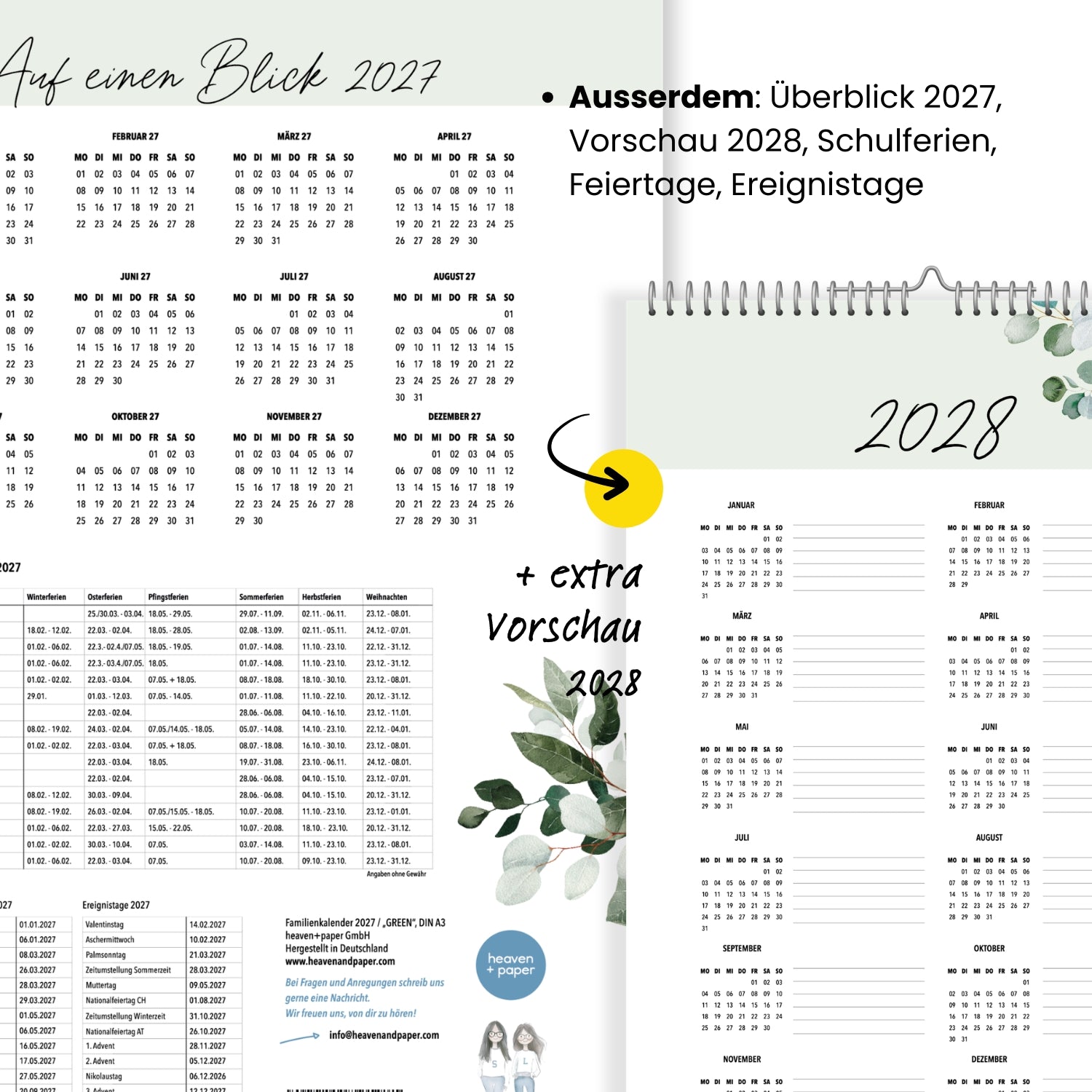 A3 Familienplaner 5 Spalten Green, 2027 botanisch