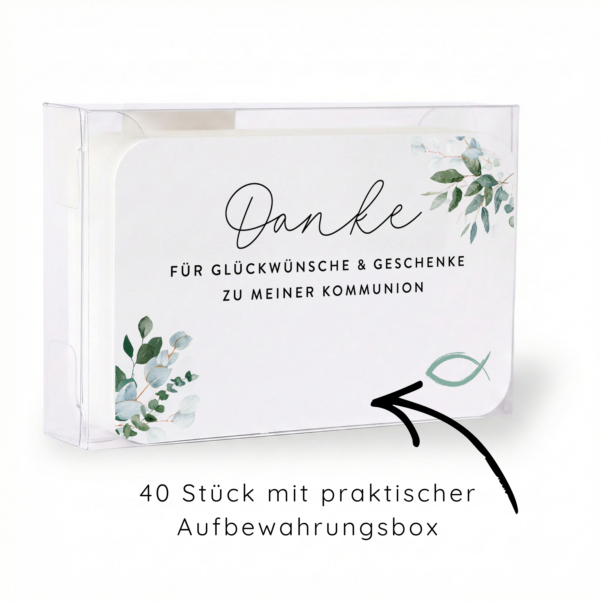40 Mini Dankeskarten Kommunion – Eukalyptus, Erstkommunion Mädchen & Jungen, Beileger Gastgeschenk