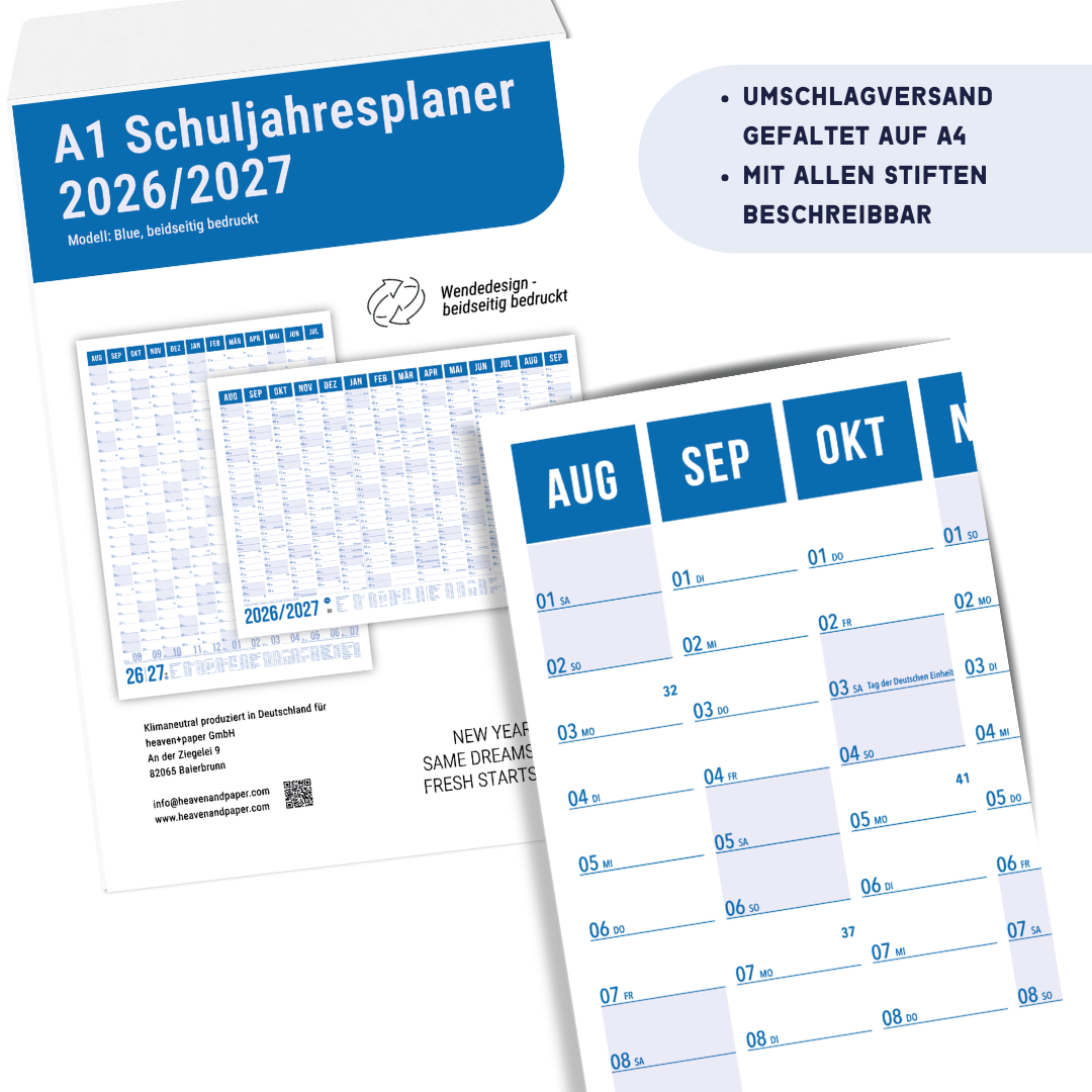 Schuljahresplaner 2026/2027 A1 Blau – Wandkalender mit Ferien