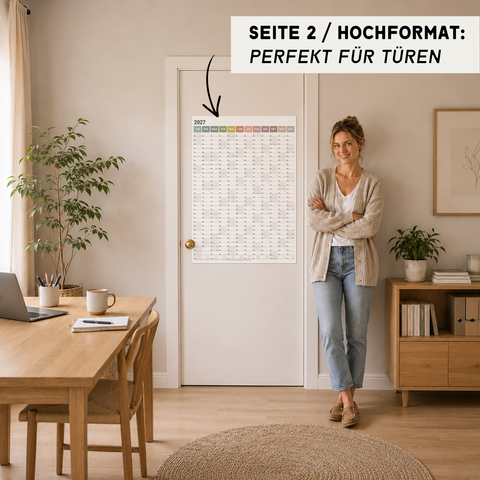 A1 Wandplaner 2027 Natural im Hochformat an der Tür