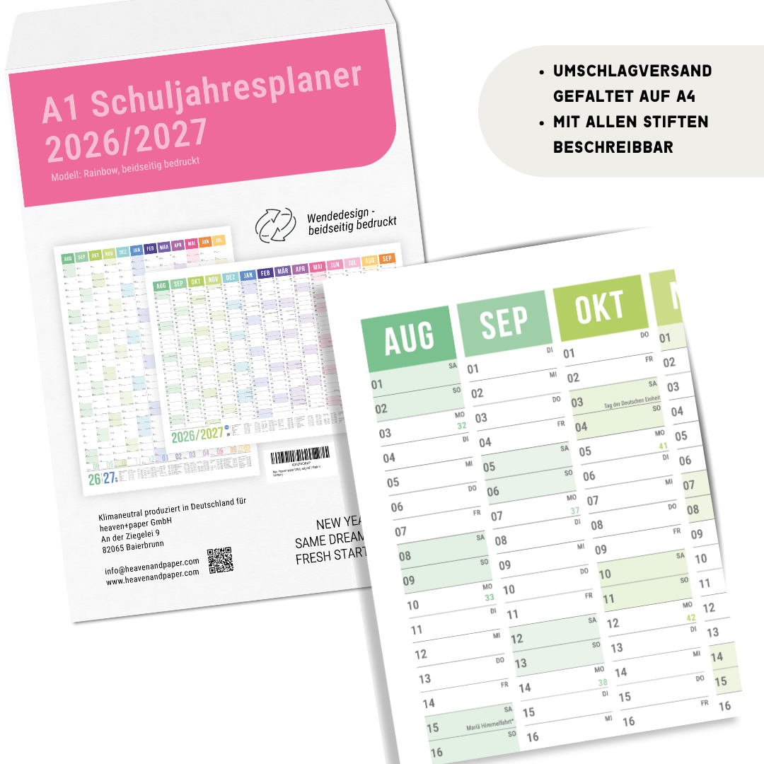 Schuljahresplaner 2026/2027 A1 Regenbogen – Wandkalender mit Ferien