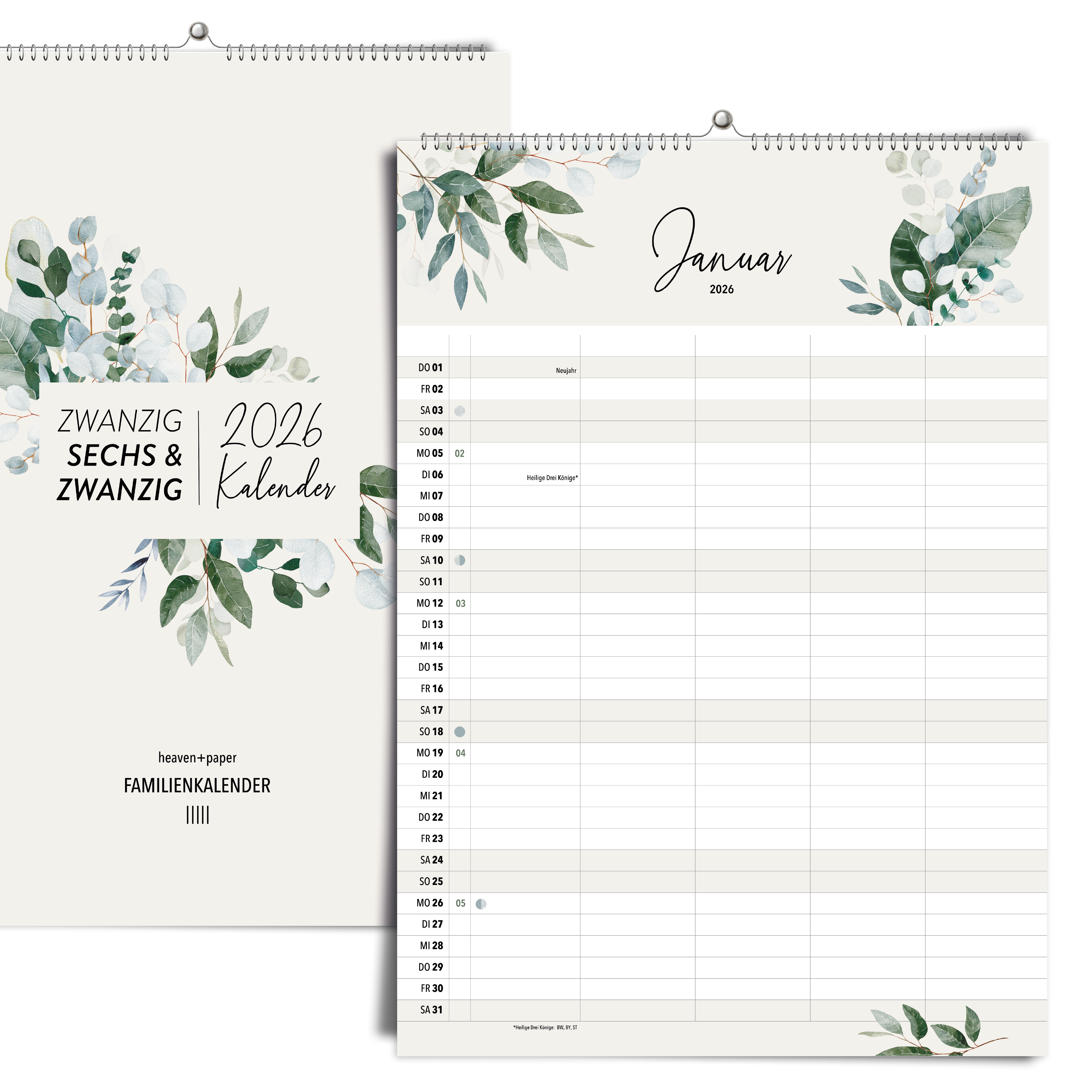 A3 Familienplaner GREENERY 5 Spalten 2026 botanisch