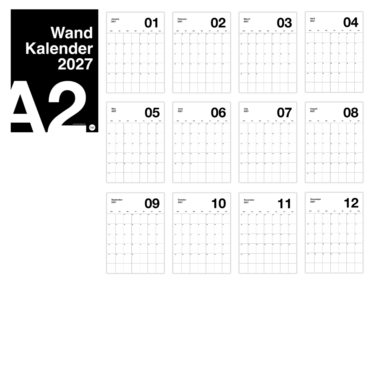A2 Minimalistischer Design Wandkalender 2027 Black