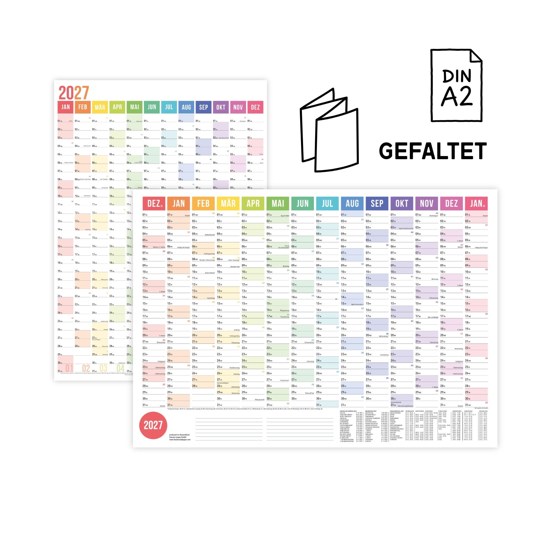 A2 Wandplaner 2027 Regenbogen gefaltet Querformat/Hochformat