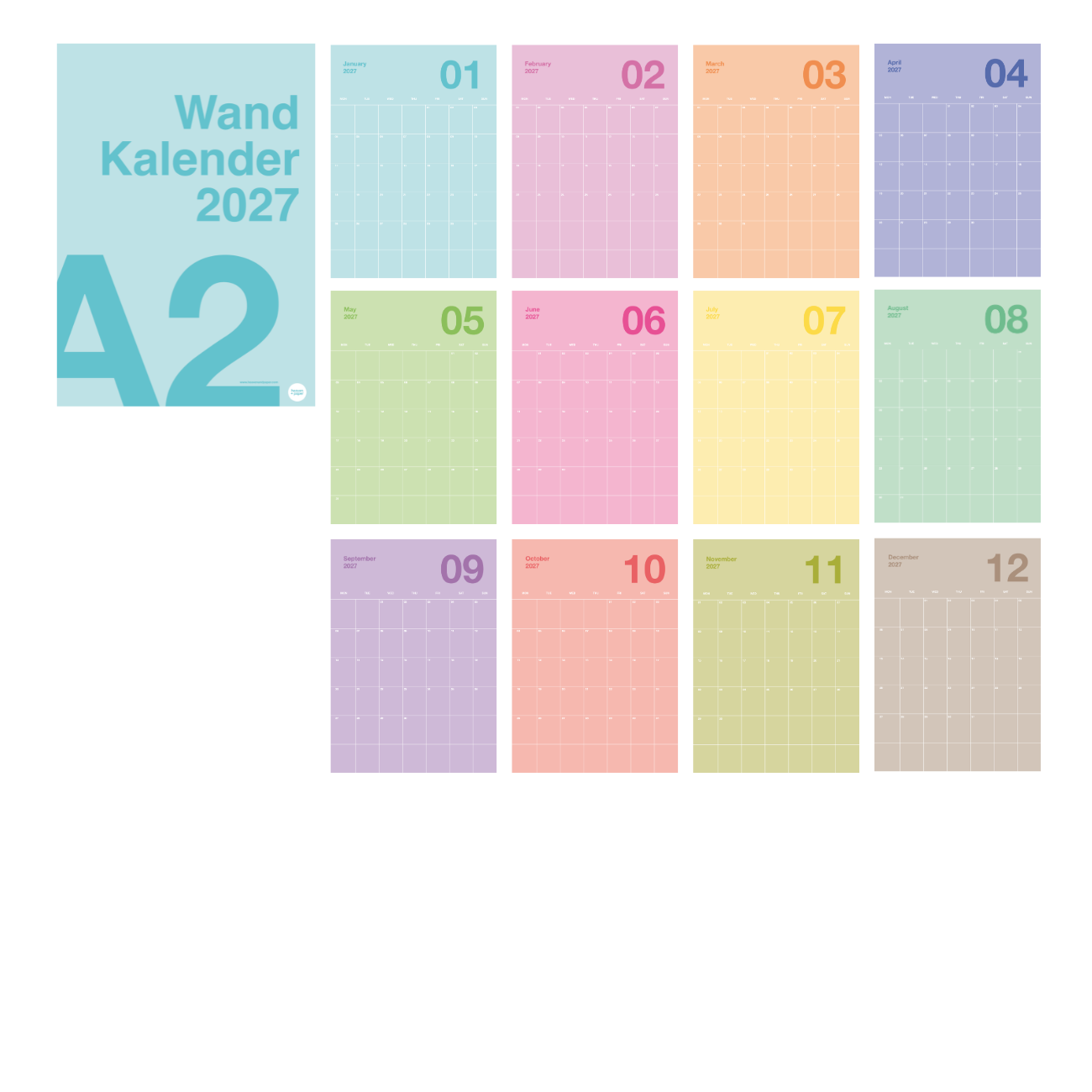 A2 Bunter Design Wandkalender 2027 Pastell