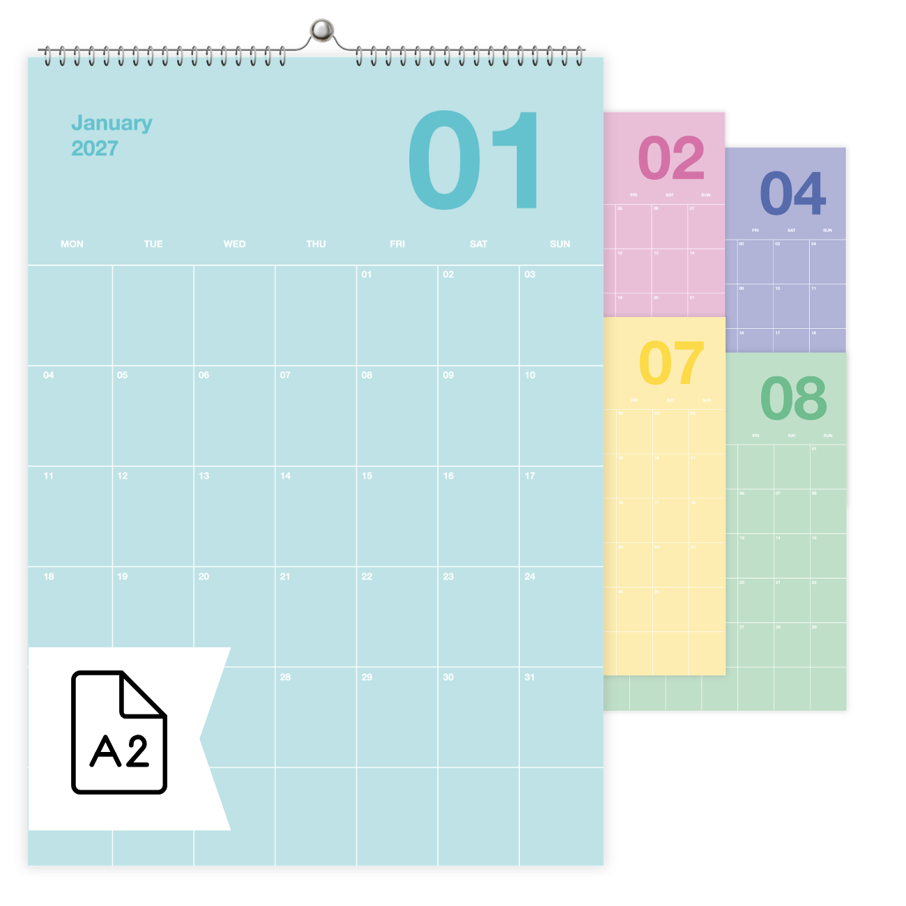A2 Bunter Design Wandkalender 2027 Pastell